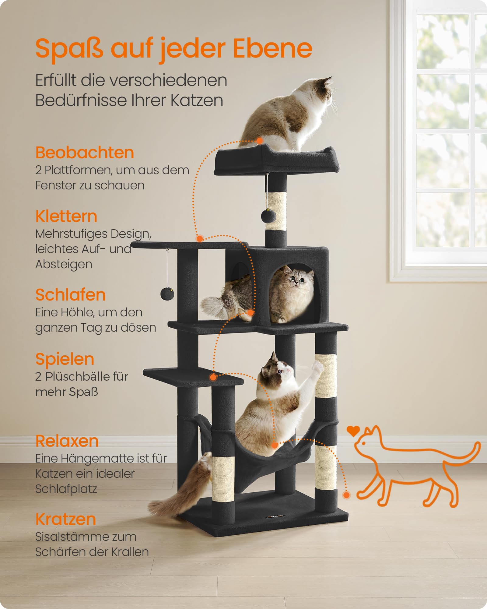 Feandrea Kratzbaum, 143 cm hoch, Katzenbaum, mehrstöckiges Katzenhaus, mit 4 Kratzsäulen, 2 Plattformen, Hängematte, Höhle, hellgrau PCT161W01