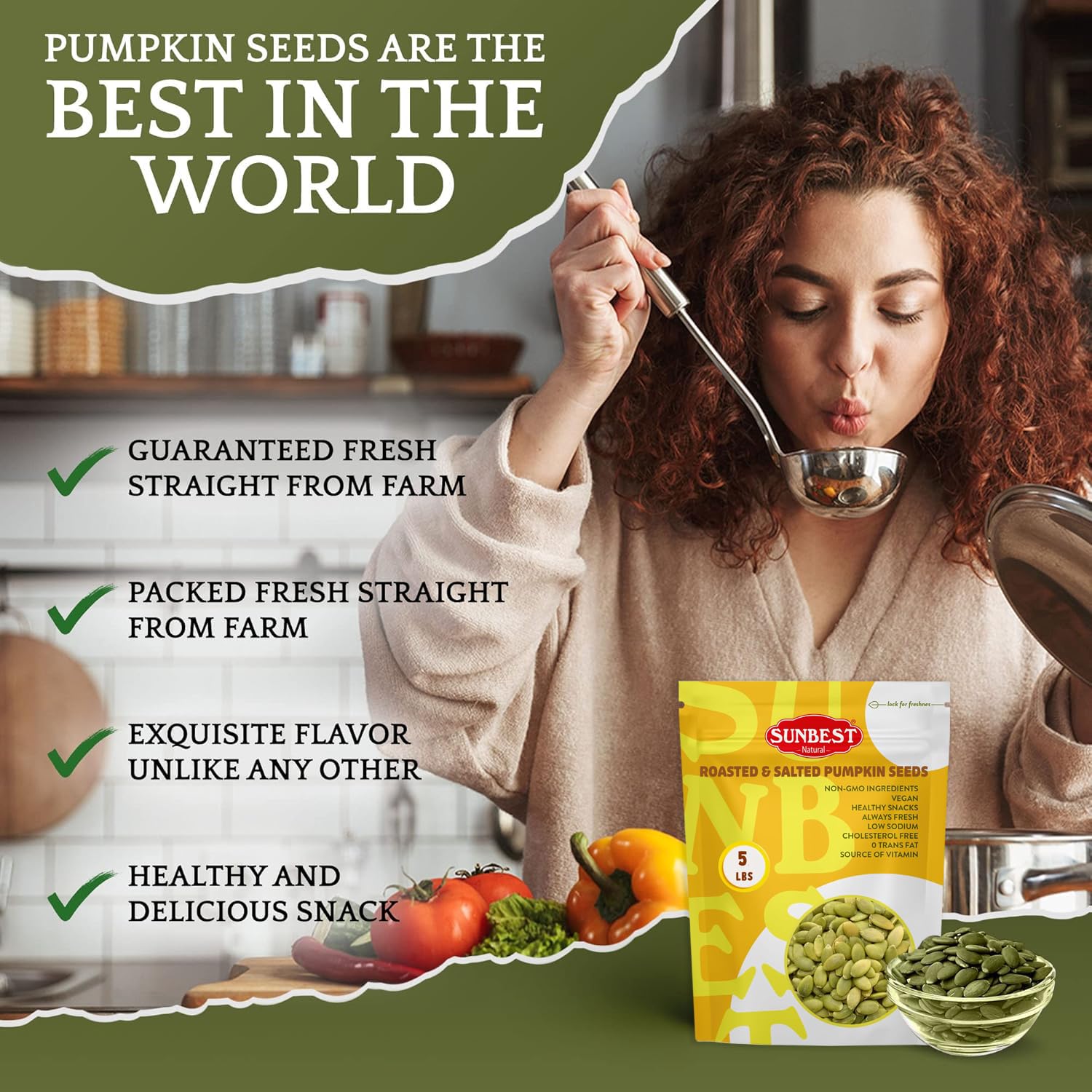 Sunbest Natural Roasted Pumpkin Seeds – 5 lb Bulk Bag – Shelled Pumpkin Seeds, Roasted Salted Pepitas – Fresh, Nutrient-Rich, Non-GMO, Vegan, Kosher – Perfect for Snacking, Cooking & Baking