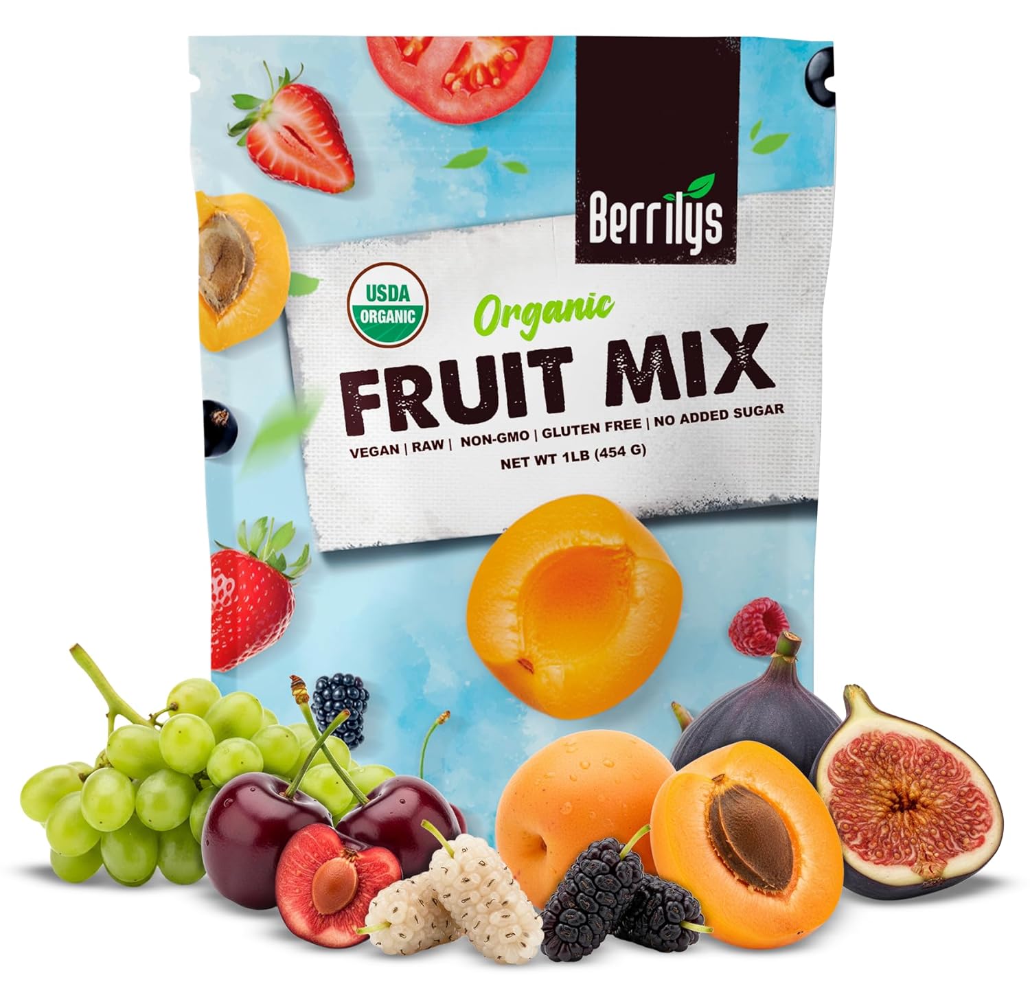 Berrily's Dried Fruit Mix, 2 Lbs, Organic, Diced Figs, Diced Apricots, White Mulberries, Sultanas, Sour Cherries, No Sugar Added, Trail Mix for Baking and Snacking