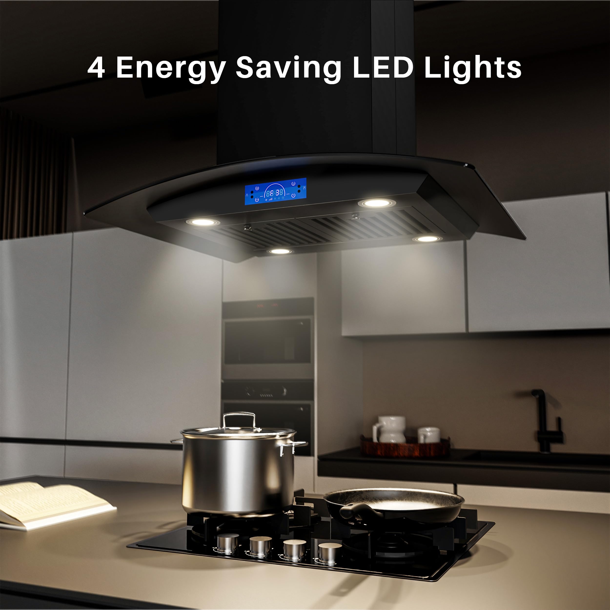 FIREGAS Island Range Hood 30 inch 700 CFM with Chimney, Ceiling Mount Kitchen Vent Hood with Tempered Glass, 4 LED Lights, Permanent Filters, Premium Touch Control Panel, Includes Charcoal Filter