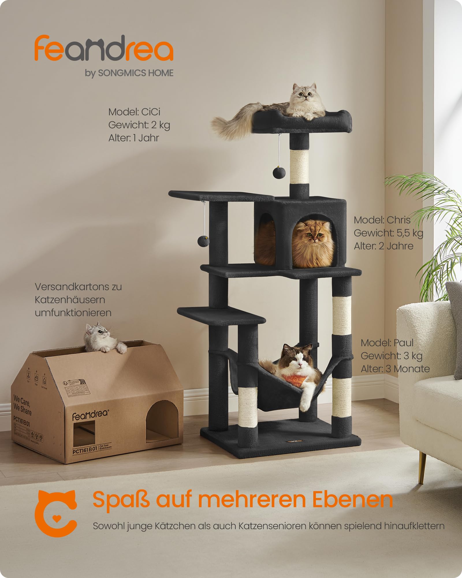 Feandrea Kratzbaum, 143 cm hoch, Katzenbaum, mehrstöckiges Katzenhaus, mit 4 Kratzsäulen, 2 Plattformen, Hängematte, Höhle, hellgrau PCT161W01