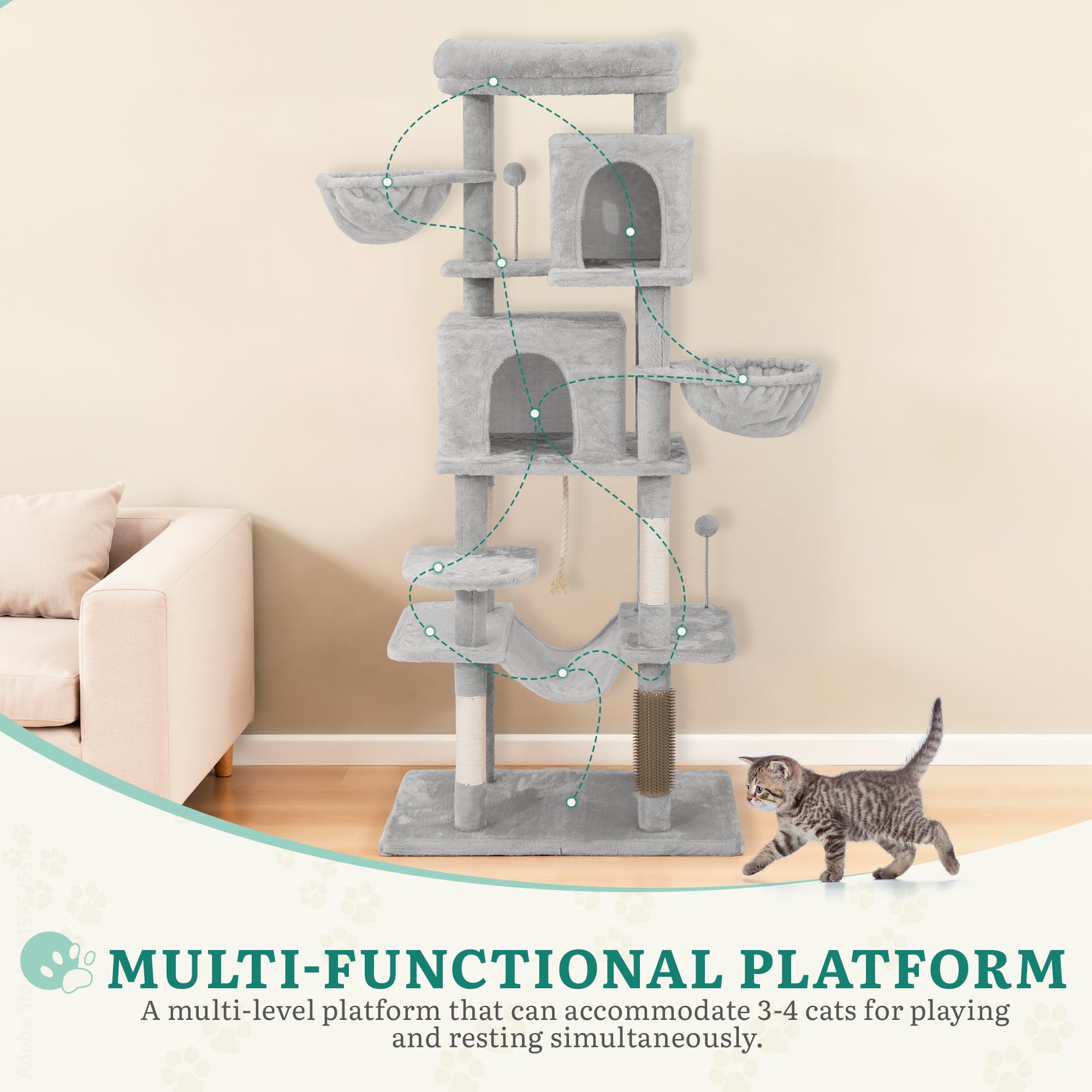 YITAHOME Kratzbaum, Katzenkratzbaum, für Große Katze, Katzenbaum, Katzenbürsten, 11 cm Dicke Stämme, Große Plattformen, Plüschkissen, Höhle, 50 x 50 x 157 cm, Beige