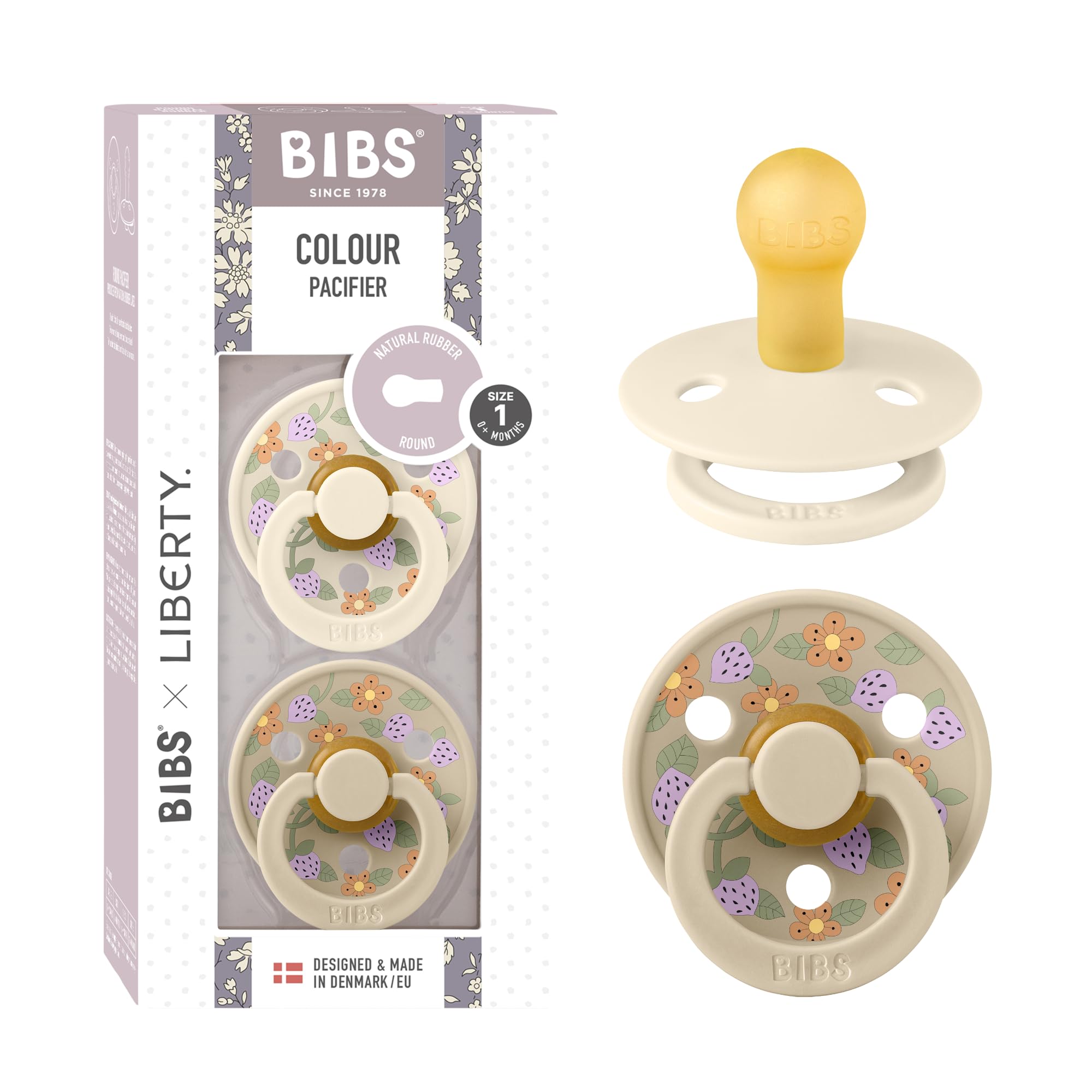 BIBS Colour Liberty Schnuller 2er-Pack, BPA-frei, Kirschform Nippel. Naturkautschuk/Latex, Hergestellt in Dänemark, Größe 2 (6-18 Monate), Chamomile Lawn Violet Sky