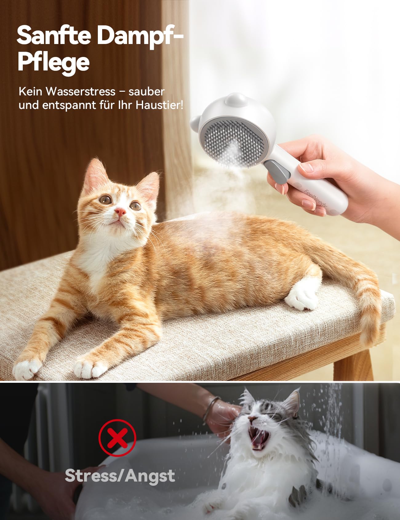 FEELNEEDY Katzenbürste mit Dampf, Furminator Katze mit Auslöseknopf Wassertank, Dampfbürste Katze für Langhaar/Kurzhaar Hunde Katz, USB aufladbar, Zwei-Geschwindigkeits-Sprühfunktion