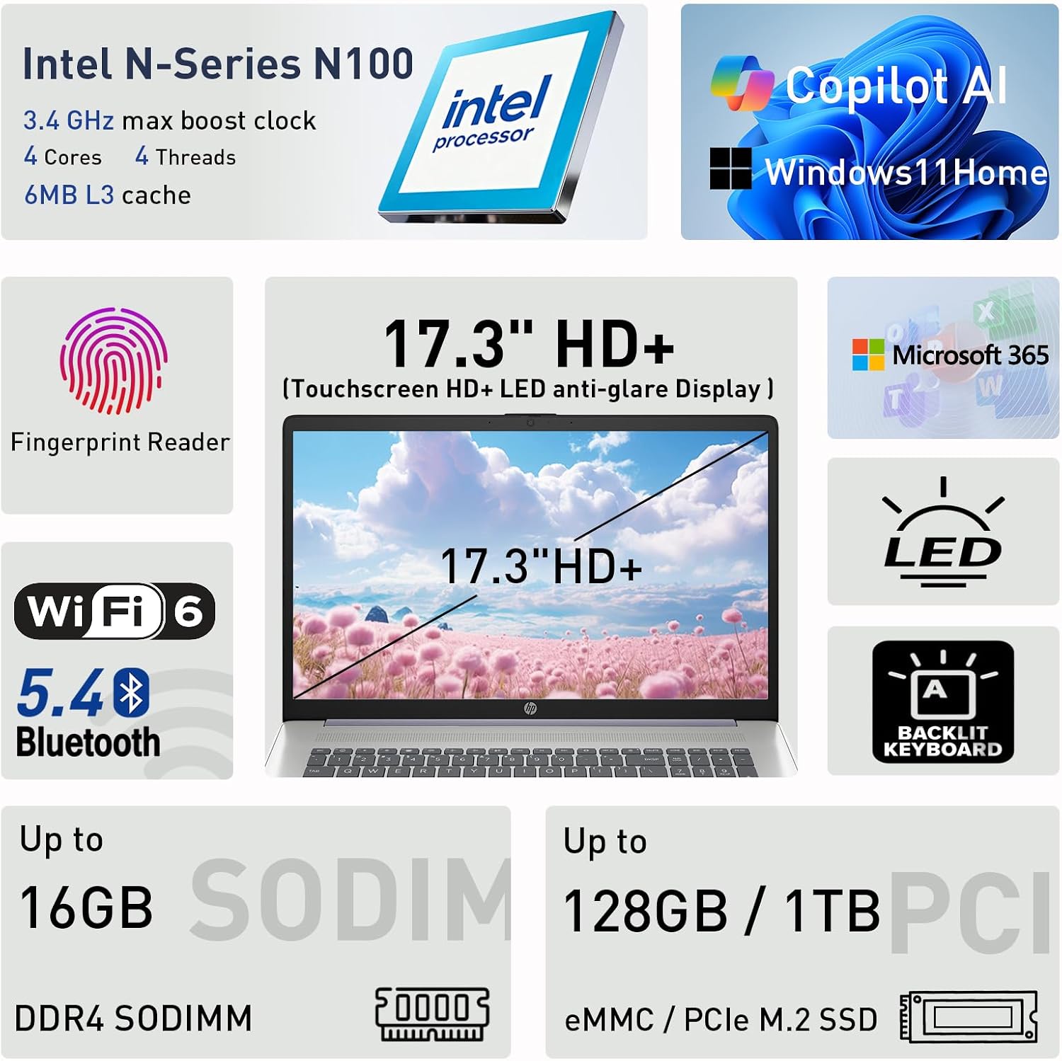 HP 17.3" Touchscreen Laptop w/Microsoft 365, 16GB RAM, 1TB SSD+128GB UFS, Webcam w/Shutter, Fingerprint Reader, Backlit Keyboard, Microsoft Copilot Key, Intel Quad-Core CPU, Win11, Lavender