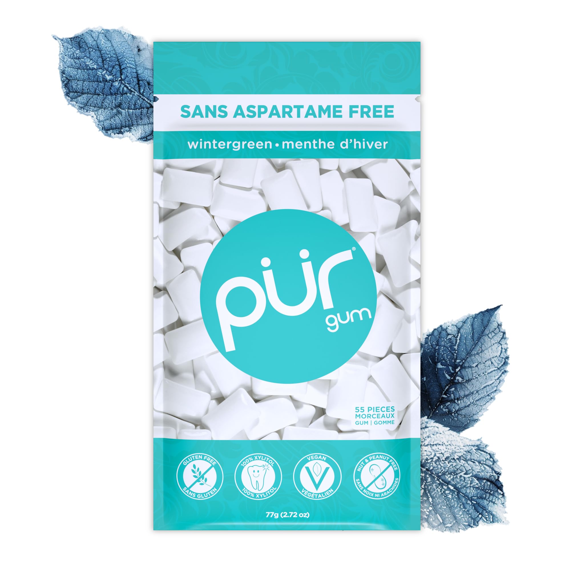 PUR Gum | Zuckerfreier Kaugummi | Mit Xylit | Vegan, Aspartamfrei & Glutenfrei | Natürlicher Kaugummi Mit Spearmint-Geschmack, 55 Stück (3er Pack)