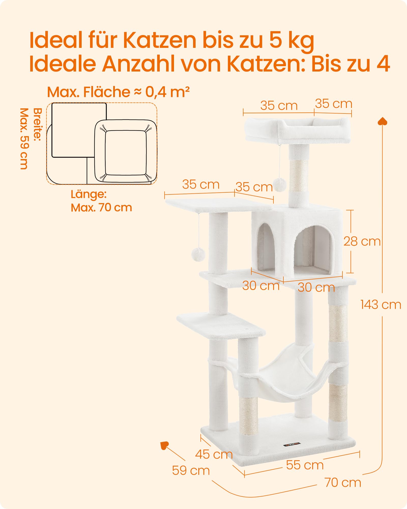 Feandrea Kratzbaum, 143 cm hoch, Katzenbaum, mehrstöckiges Katzenhaus, mit 4 Kratzsäulen, 2 Plattformen, Hängematte, Höhle, hellgrau PCT161W01