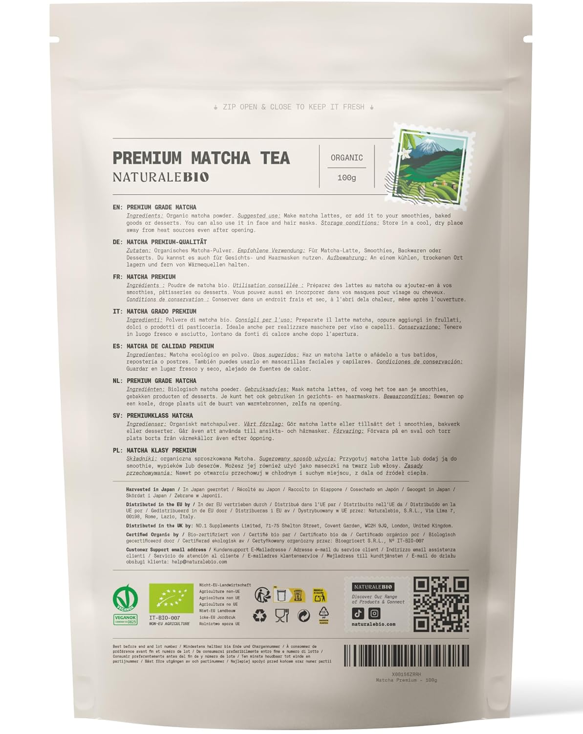 NaturaleBio Matcha Tee Pulver Bio - Premium-Qualität - 100g. Original Green Tea aus Japan. Japanischer ideal zum Trinken. Grüntee für Latte, Smoothies Getränk. Hergestellt in Uji, Kyoto.