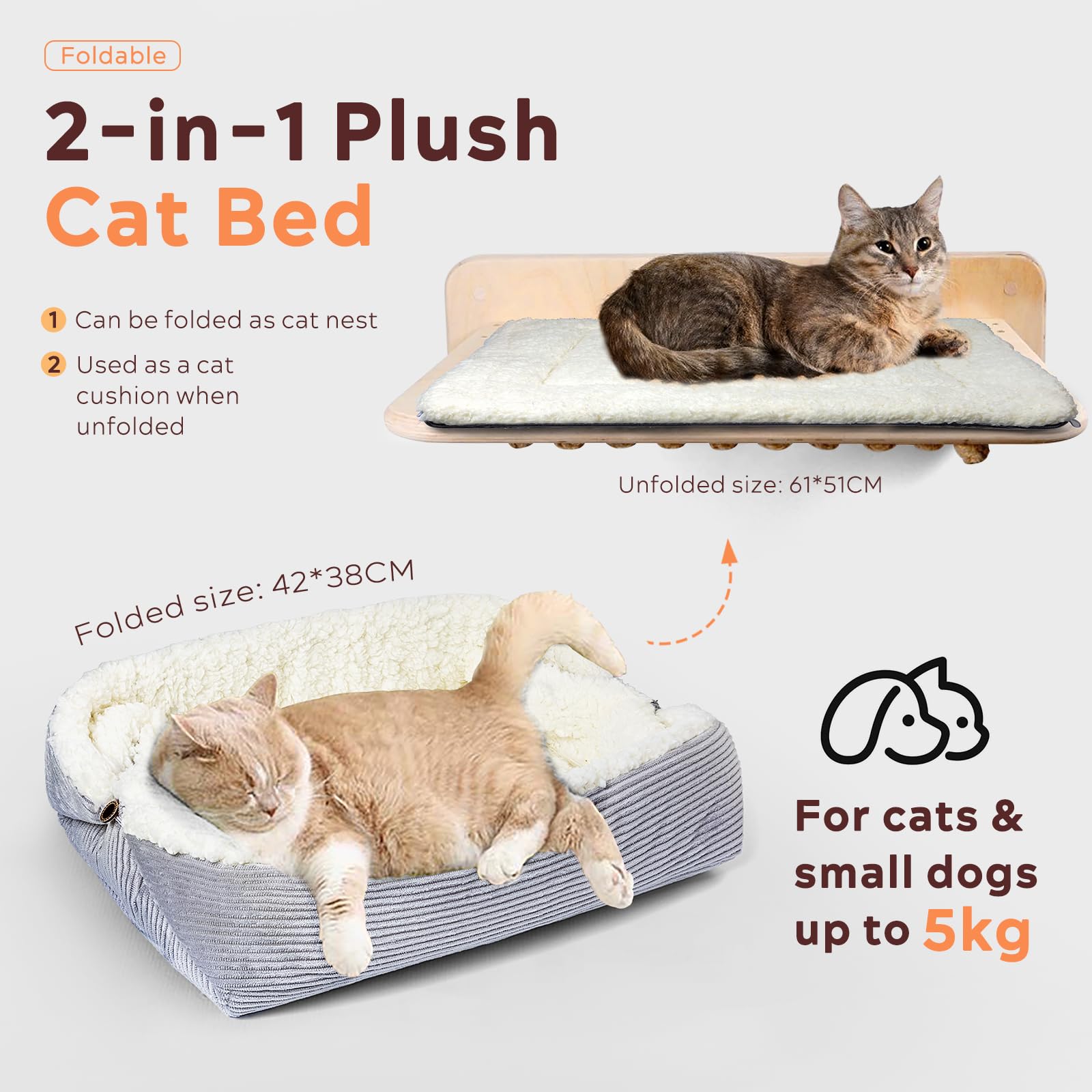 Weiches Katzenbett Waschbar 42x38 cm Plüsch Haustierbett für Kleine Hunde und Katzen - 2 in 1 Katzenkissen Katzendecke Katzensofa Nest Bett, Entfaltete Größe 61x51 cm