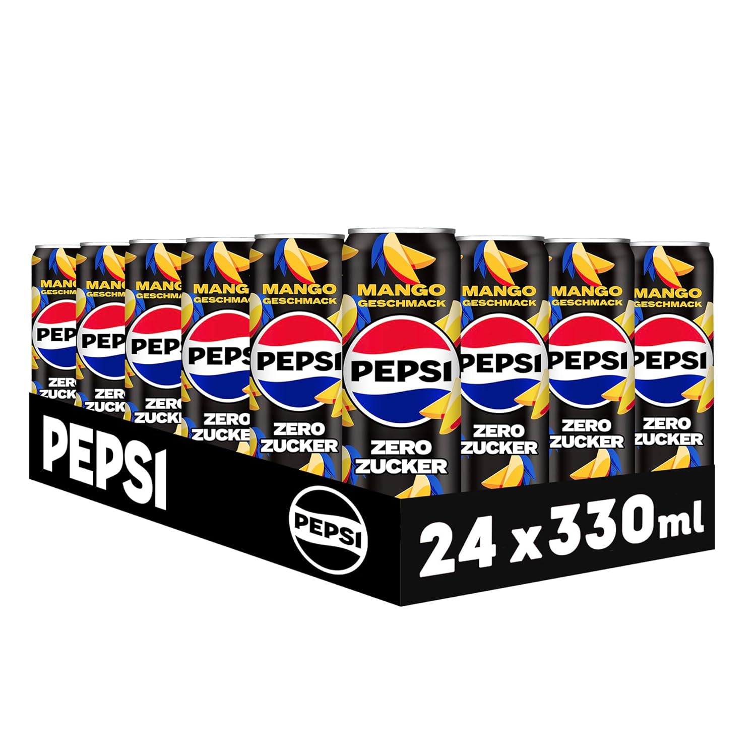 Pepsi Zero Zucker Mango, Das zuckerfreie Erfrischungsgetränk von Pepsi ohne Kalorien, Koffeinhaltige Cola mit Mango Geschmack in der Dose, EINWEG (24 x 0.33 l) (Verpackungsdesign kann abweichen)