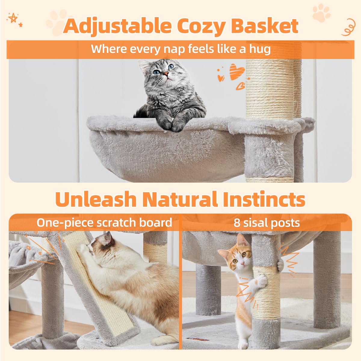 Taoqimiao 180CM Kratzbaum Groß, Katzenbaum Katzen Kratzbaum Grosse Katzen Stabil mit 2 Katzenhaus, Metallhängematte, Korb, 8 Kratzsäulen, Katzenkratztafel, MS026LM Beige
