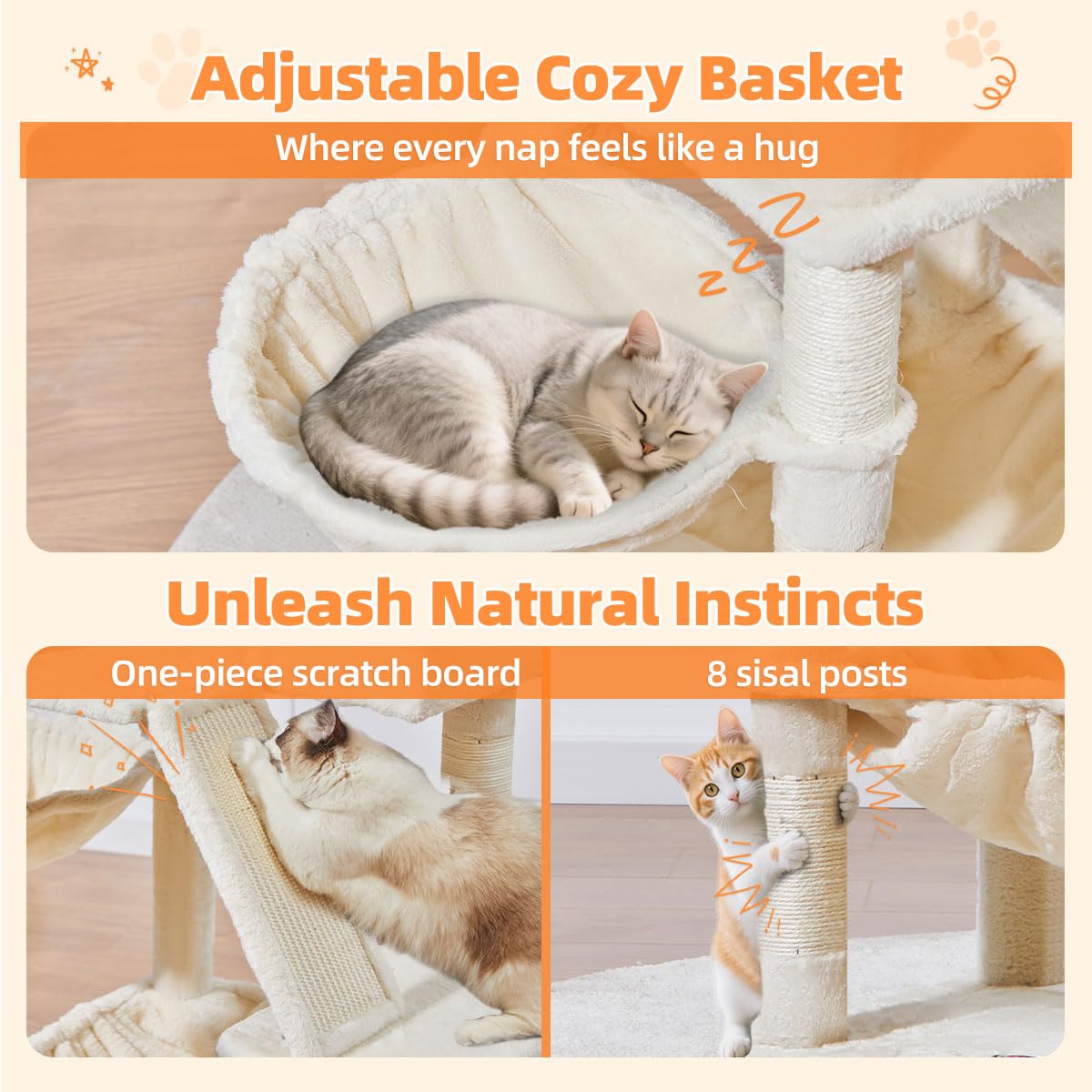 Taoqimiao 180CM Kratzbaum Groß, Katzenbaum Katzen Kratzbaum Grosse Katzen Stabil mit 2 Katzenhaus, Metallhängematte, Korb, 8 Kratzsäulen, Katzenkratztafel, MS026LM Beige