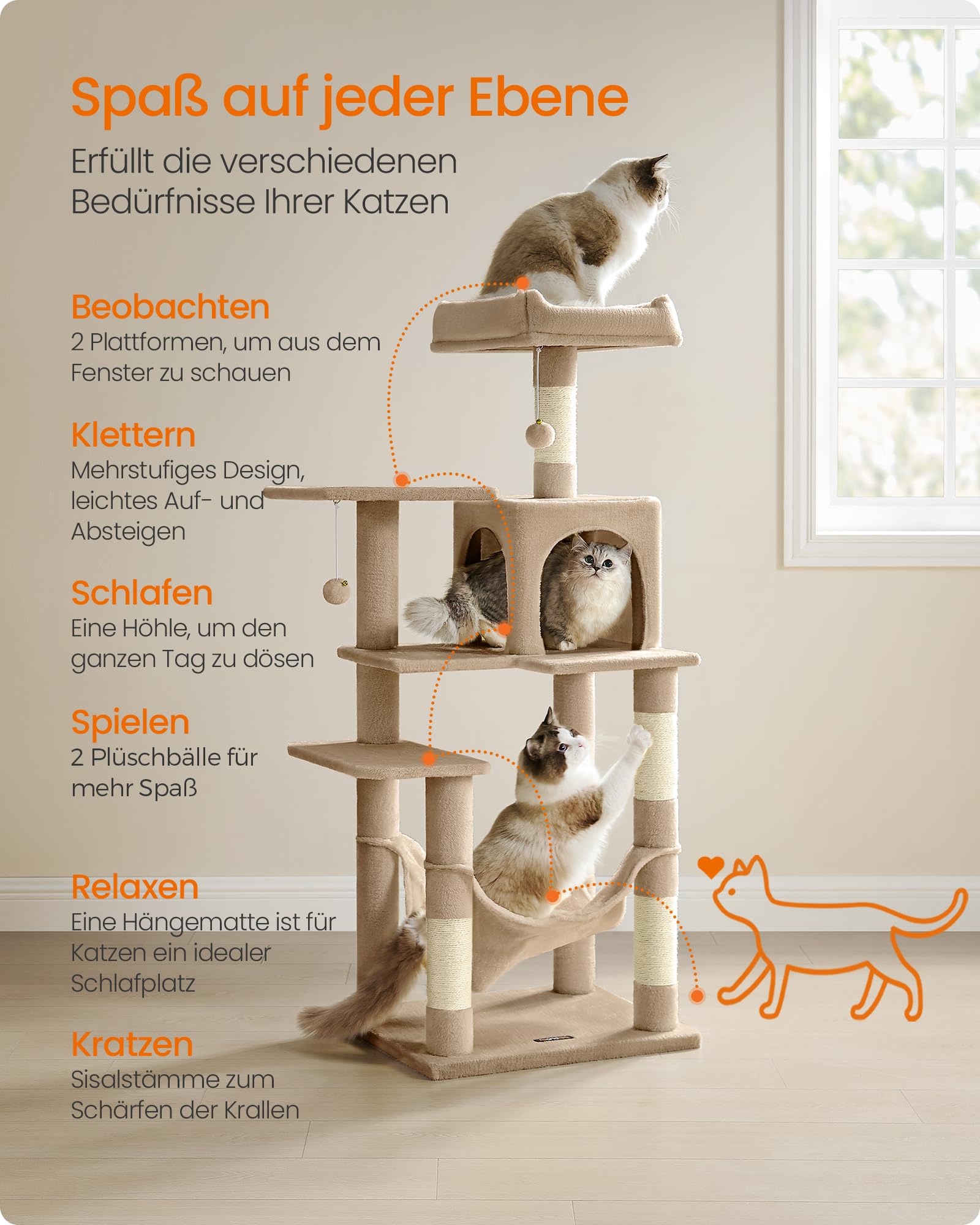 Feandrea Kratzbaum, 143 cm hoch, Katzenbaum, mehrstöckiges Katzenhaus, mit 4 Kratzsäulen, 2 Plattformen, Hängematte, Höhle, hellgrau PCT161W01