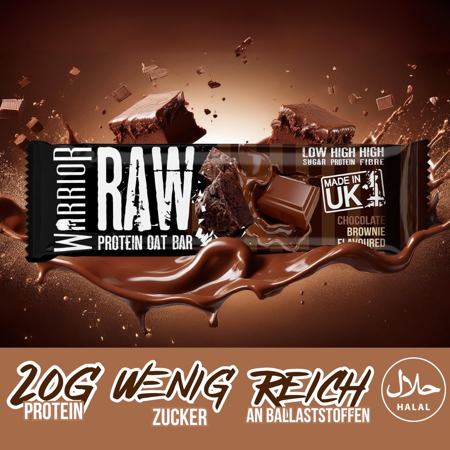 Warrior Raw Proteinriegel 12 x 75 g – Ballaststoffreicher Haferriegel mit Protein, High Protein Snack ohne Zucker, Natürlicher Haferflocken Riegel mit Präbiotika – Schoko-Brownie