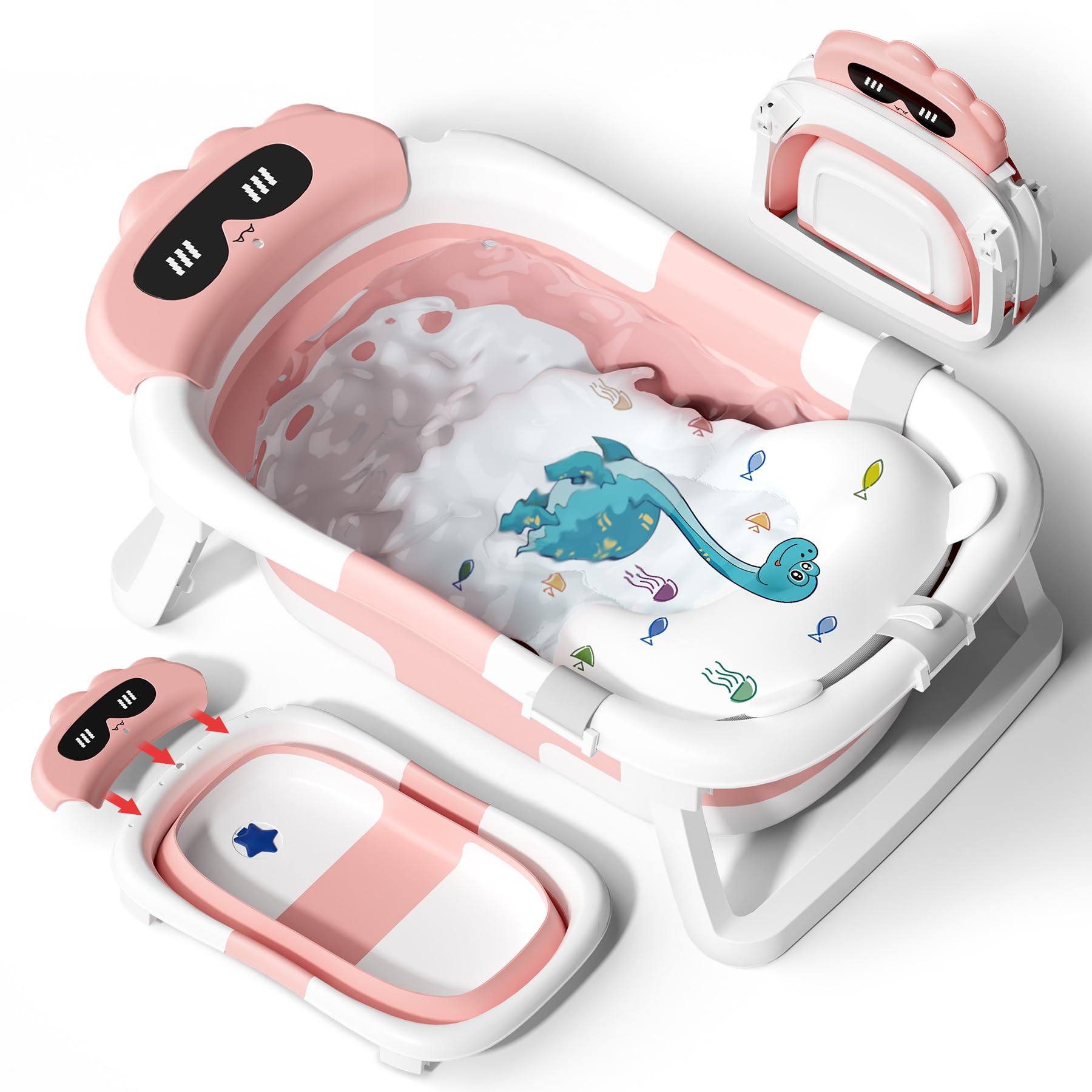 COOSEYA Baby Badewanne für 0-18 Monate, Faltbare Babywanne mit Babybadewanne Stützkissen, Portable Baby Bathtub als Wesentliche Artikel für Neugeborene und Kleinkind, Dinosaurier - Design (Grau)