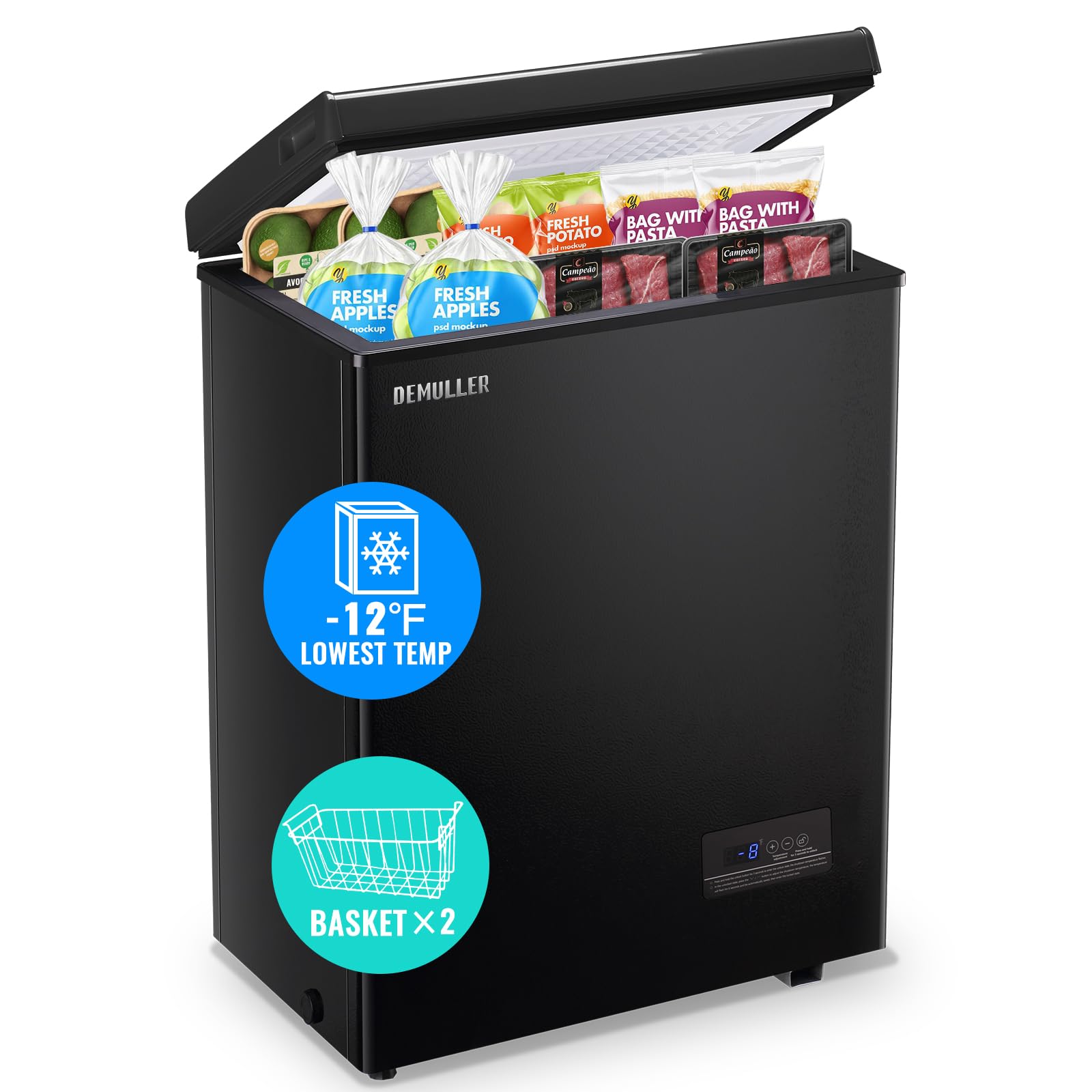 Mini Chest Freezer Compact Deep Freezing Machine with Electronic Temperature Control (Accurate to 1 ℉) Freestanding Small Freezer with 2 Removable Storage Baskets Black