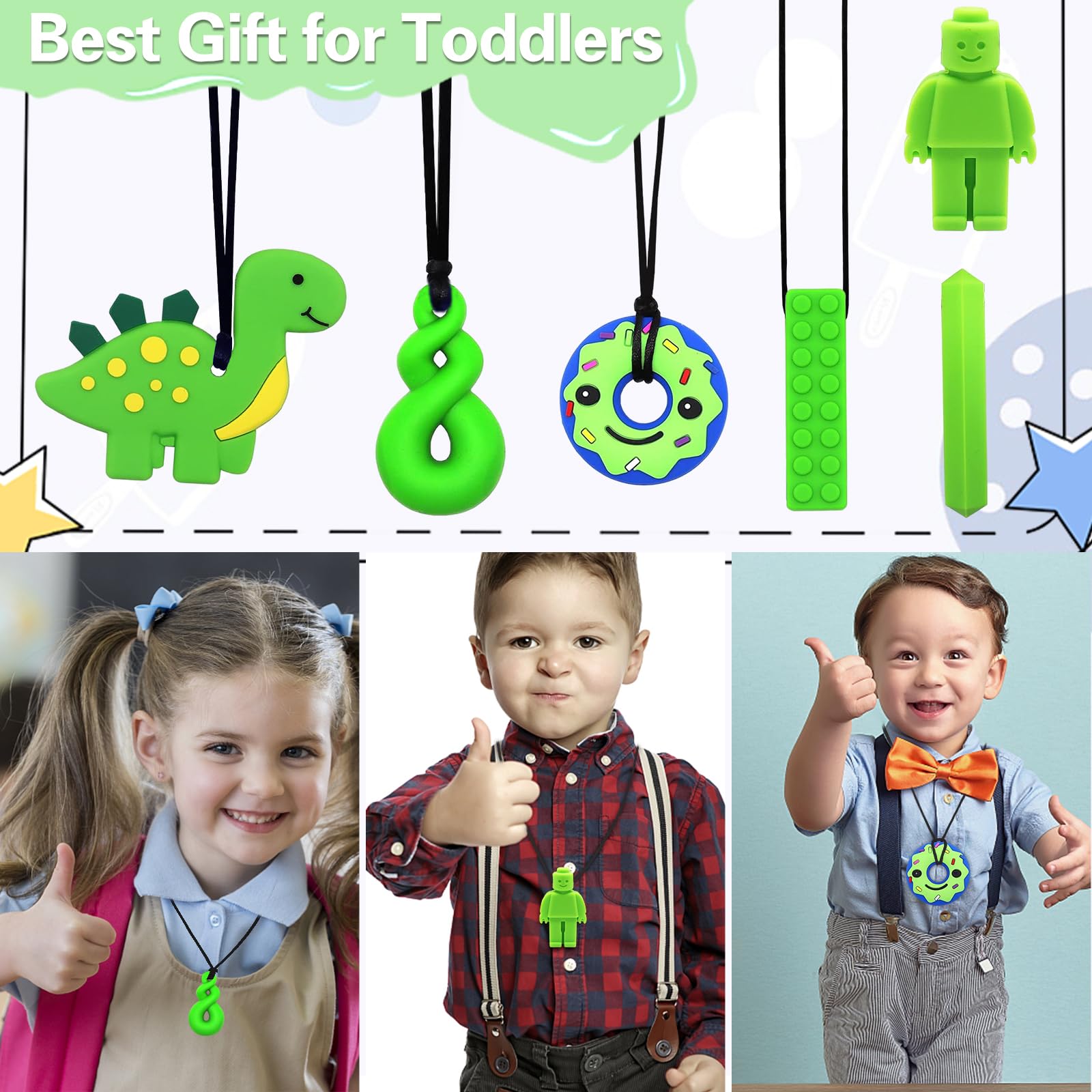Kaukette für Kinder, 6 Stück Sensory Kauen Halskette, Silikon Beißring für Baby, Autismus Spielzeug für Jungen und Mädchen, Perfekt für Kinder mit ADHS, Zahnen, Beißende, Fingernägel Kauen (Blau)
