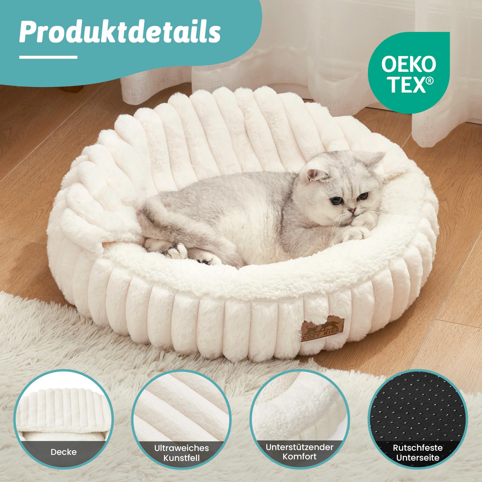COZY KISS Katzenbett mit Decke 50x50x15cm - Flauschige Kleine Katzenhöhle - Kissen, Runde kleine Hundebett mit Rutschfester Unterseite, Katzensofa mit Kopfstütze aus Kunstfell, Waschbares, Creme