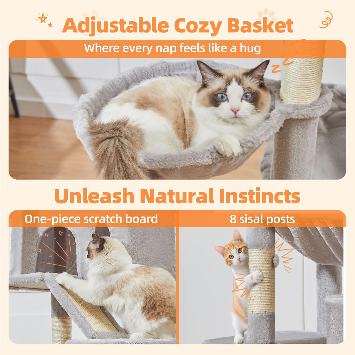 Taoqimiao 180CM Kratzbaum Groß, Katzenbaum Katzen Kratzbaum Grosse Katzen Stabil mit 2 Katzenhaus, Metallhängematte, Korb, 8 Kratzsäulen, Katzenkratztafel, MS026LM Beige