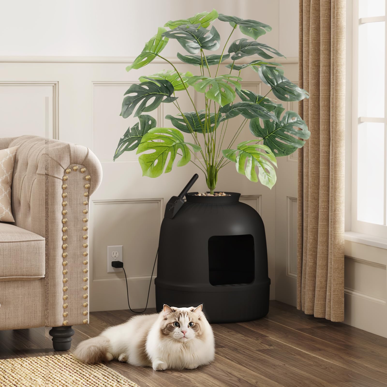 Lifewit Katzenklo Blumentopf mit Pflanze & Schaufel, Katzenklo Versteckt, Katzentoilette XXL mit Geruchskontrolle & Kohlefilter, Wohnzimmer, Schlafzimmer, Ecke, Weiß