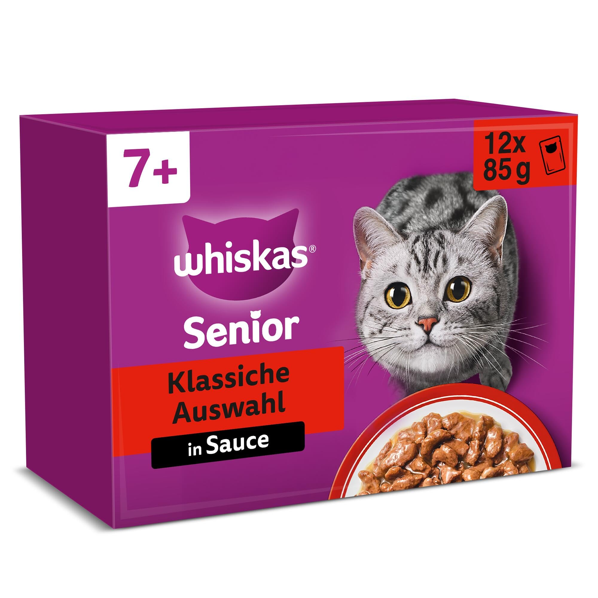 Whiskas Senior 7+ Katzennassfutter Gemischte Auswahl in Sauce, 48 Portionsbeutel, 12x85g (4er Pack) – Hochwertiges Katzenfutter nass, für Katzen ab 7 Jahren und älter