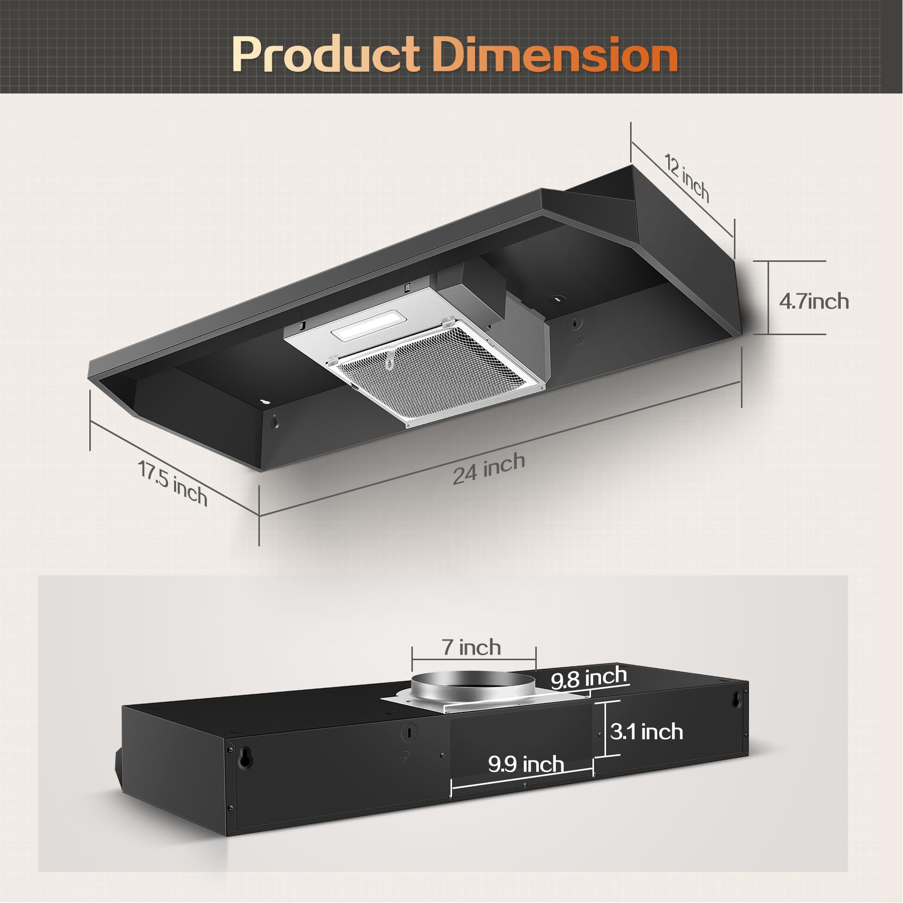 Range Hood 30 inch Under Cabinet, Stainless Steel Kitchen Vent Hood 280CFM, Built-in Kitchen Stove Hood w/Rocker Button Control, Ducted/Ductless Convertible Duct, 2 Speeds Fan, Bright LED Light