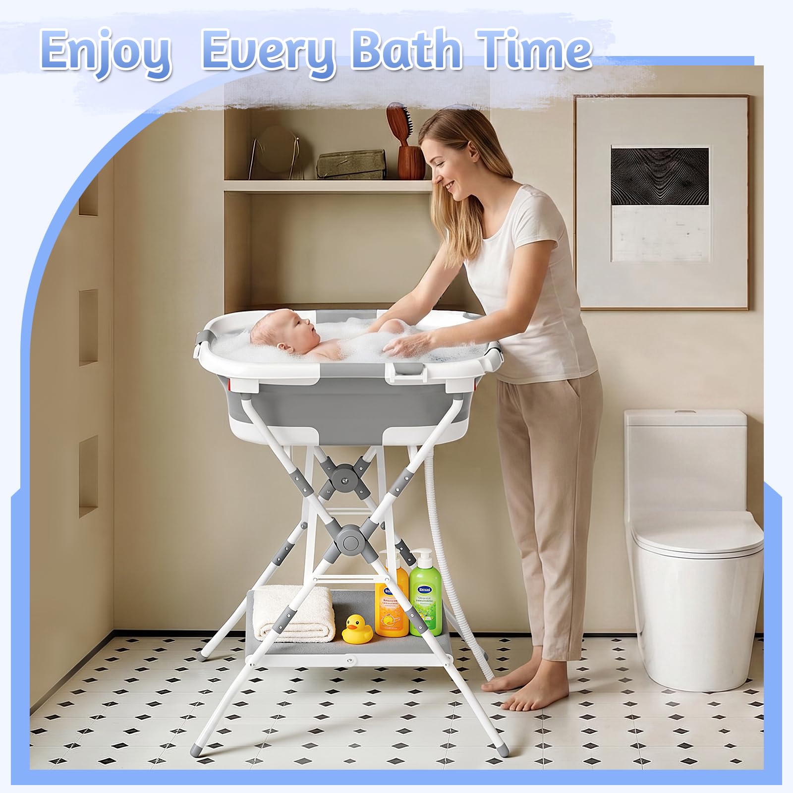 Baby Badewanne Faltbare, Baby Bathtub Babywanne Faltbar Babybadewanne Tragbare Wanne für Neugeborene Kleinkinder mit Rutschfester Matte und Abflussloch (Kein Thermometer) (Grau)