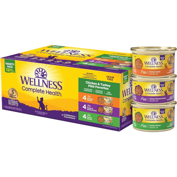 Wellness Complete Health Pate Adult Wet Cat Food, Natural, Protein-Rich, Grain-Free, 3 Ounce, 24 Pack, (Chicken & Turkey Variety Pack)