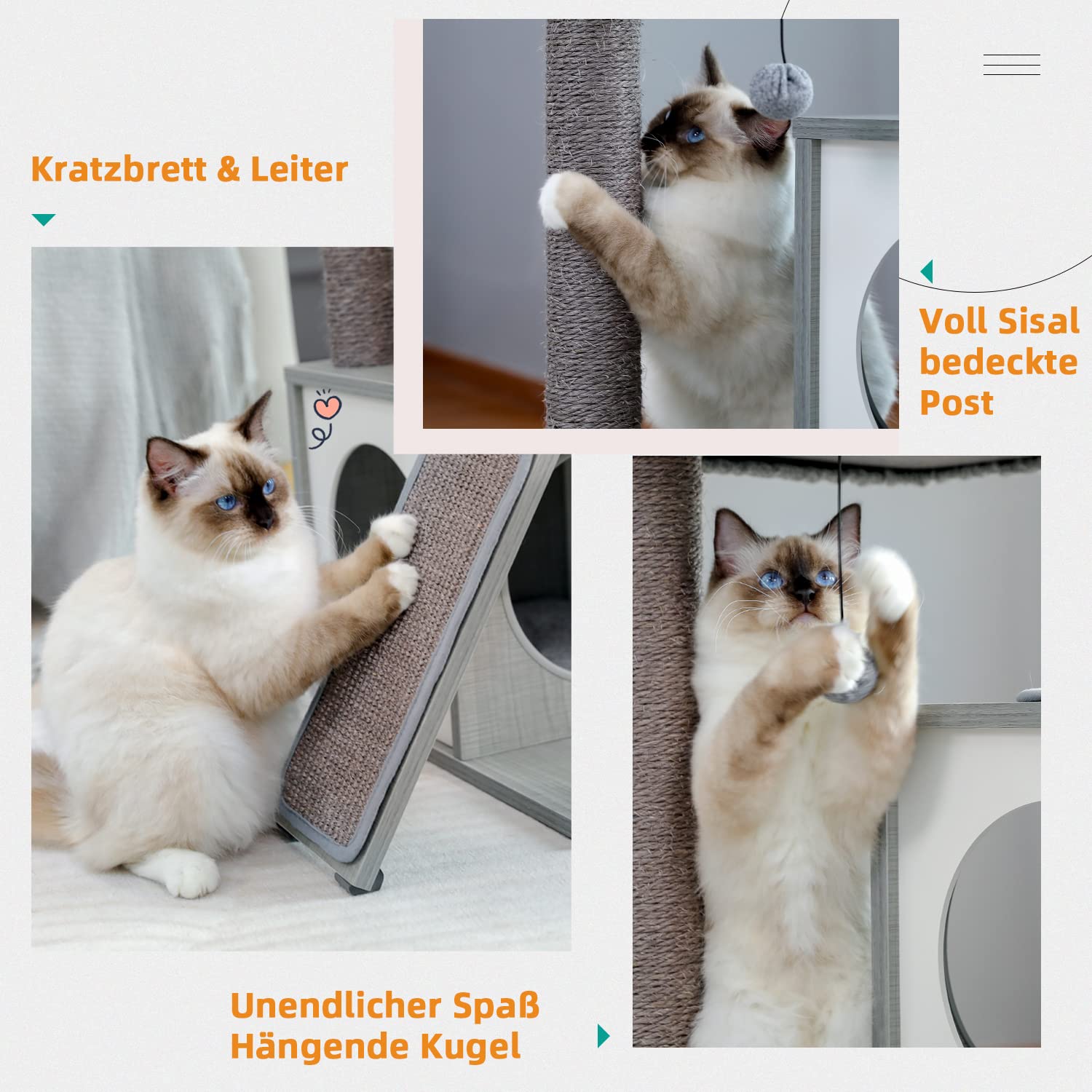 PETEPELA Katzenbaum Kratzbaum Kratzbäume Katzenmöbel mit Sisal-Seil Plüsch Liege höhlen Spielhaus Spielzeug für Katzen Grau