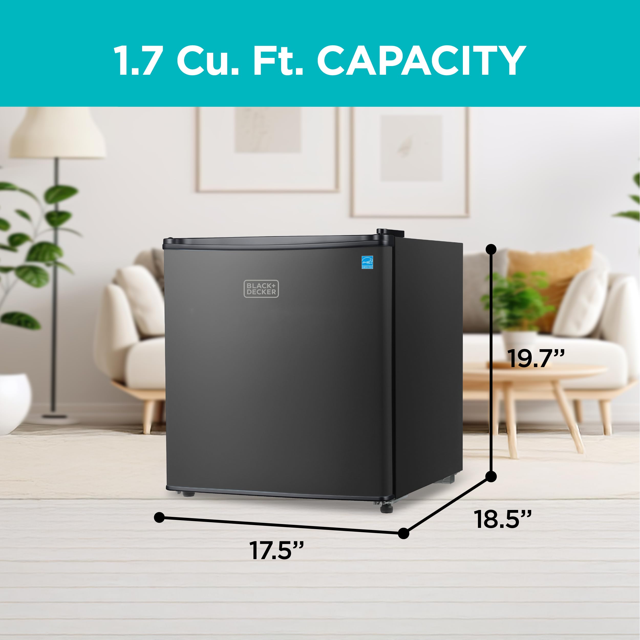 BLACK+DECKER 1.7 Cu. Ft. Compact Refrigerator, ENERGY STAR Certified, Single Door Mini Fridge with Chiller Compartment, Personal Fridge for Home or Dorm Room, R600a Refrigerant, BCRK17W, White