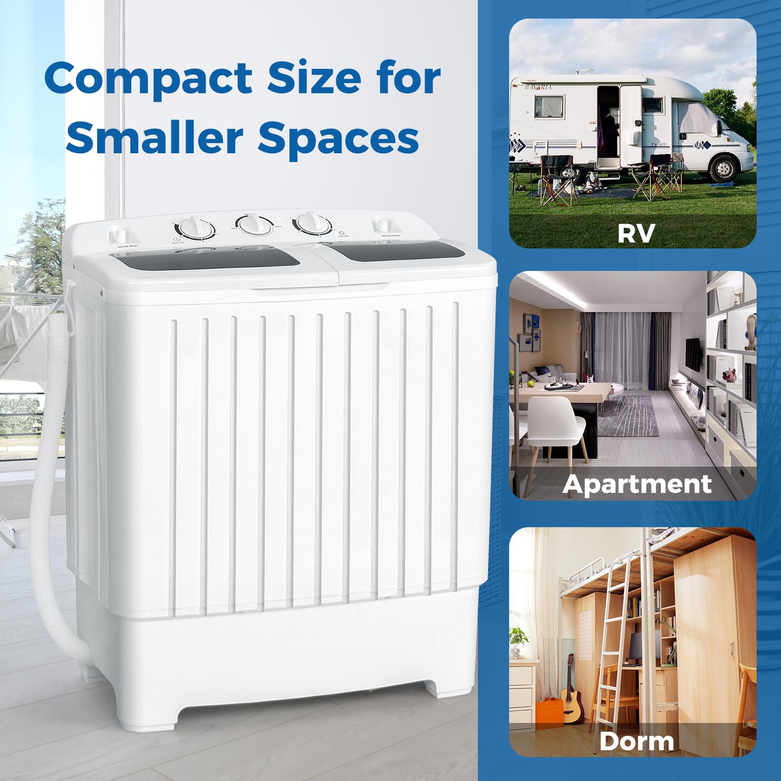 COSTWAY Portable Washing Machine, Twin Tub 20 Lbs Capacity, Compact Laundry Washer(12 Lbs) and Spinner(8 Lbs), Durable Design, Timer Control, Perfect for RV, Apartments and Dorms, Blue+White
