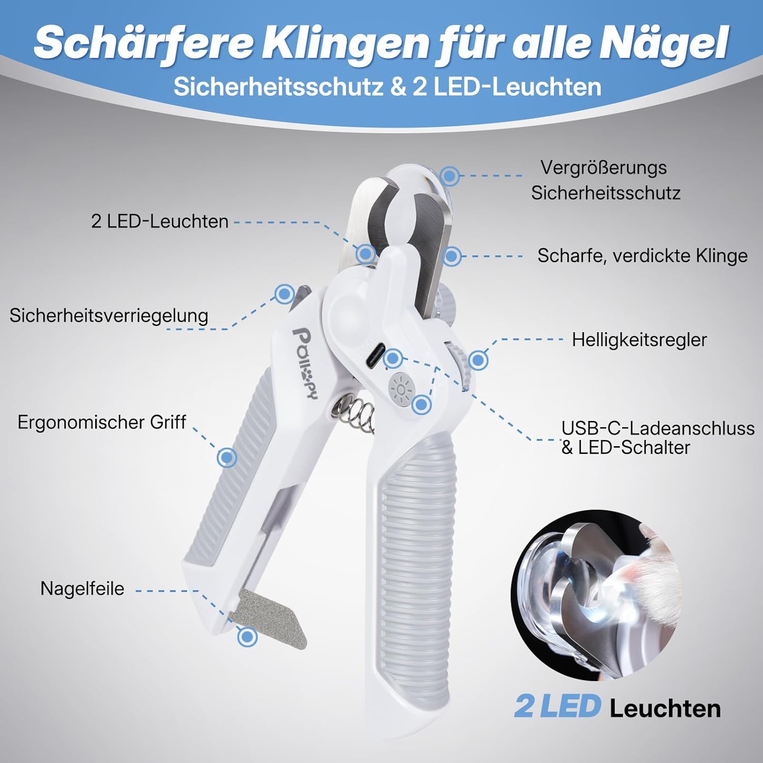 Krallenschere für Hunde und Katzen mit 2 LEDs Einstellbarer Helligkeit, Haustier Nagelknipser mit Sicherheitsschutz, Nagelfeile, Wiederaufladbar Krallenpflege Schneider, Krallenzange für Alle Rassen