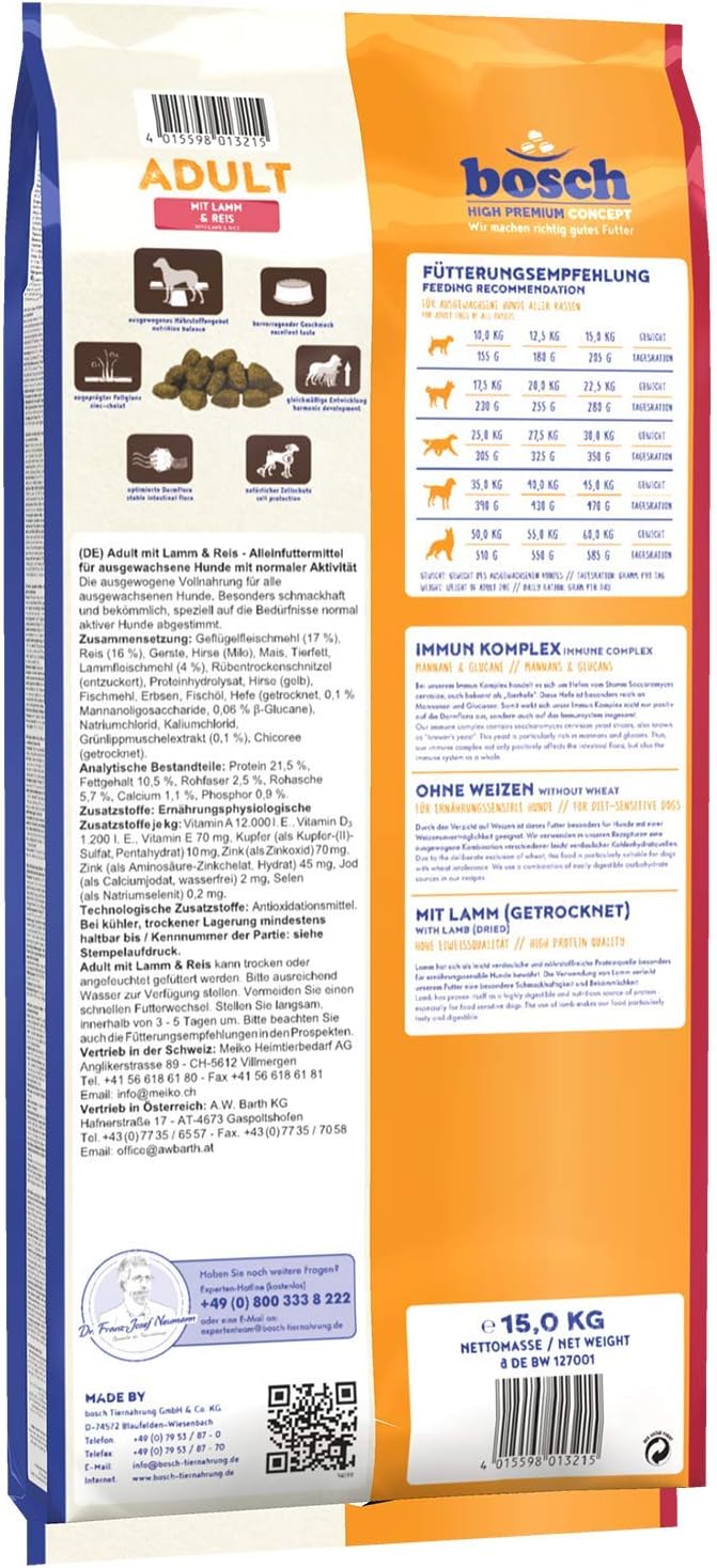 bosch HPC Adult mit Lamm & Reis | Hundetrockenfutter für ausgewachsene Hunde aller Rassen | 1 x 15 kg