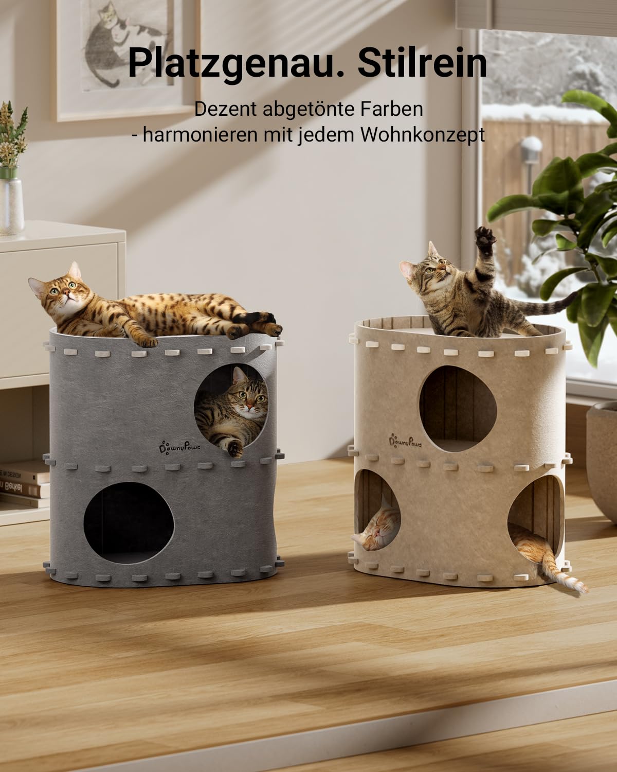 Katzenhöhle Filz, Katzenhaus aus Filz, Katzenbett, Katzenhöhle für Katzen, 58 x 33 x 30cm, Peek-a-Boo zum Spielen, Winterfest, Schutz der Katzennägel, Beige