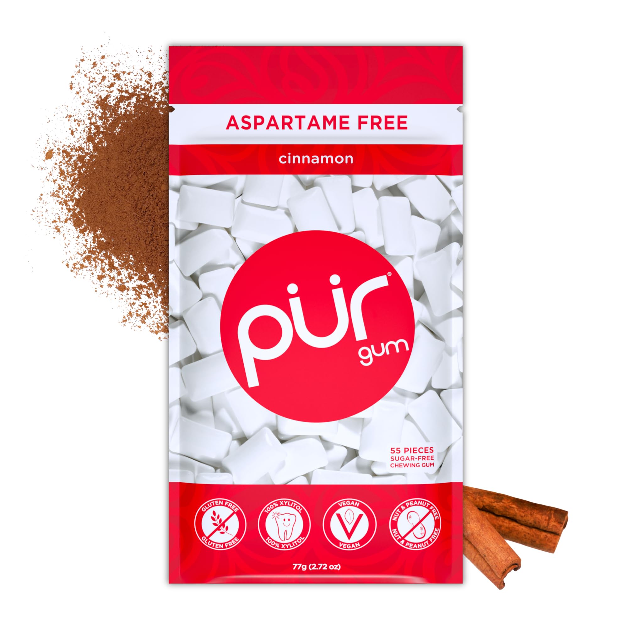 PUR Gum | Zuckerfreier Kaugummi | Mit Xylit | Vegan, Aspartamfrei & Glutenfrei | Natürlicher Kaugummi Mit Spearmint-Geschmack, 55 Stück (3er Pack)