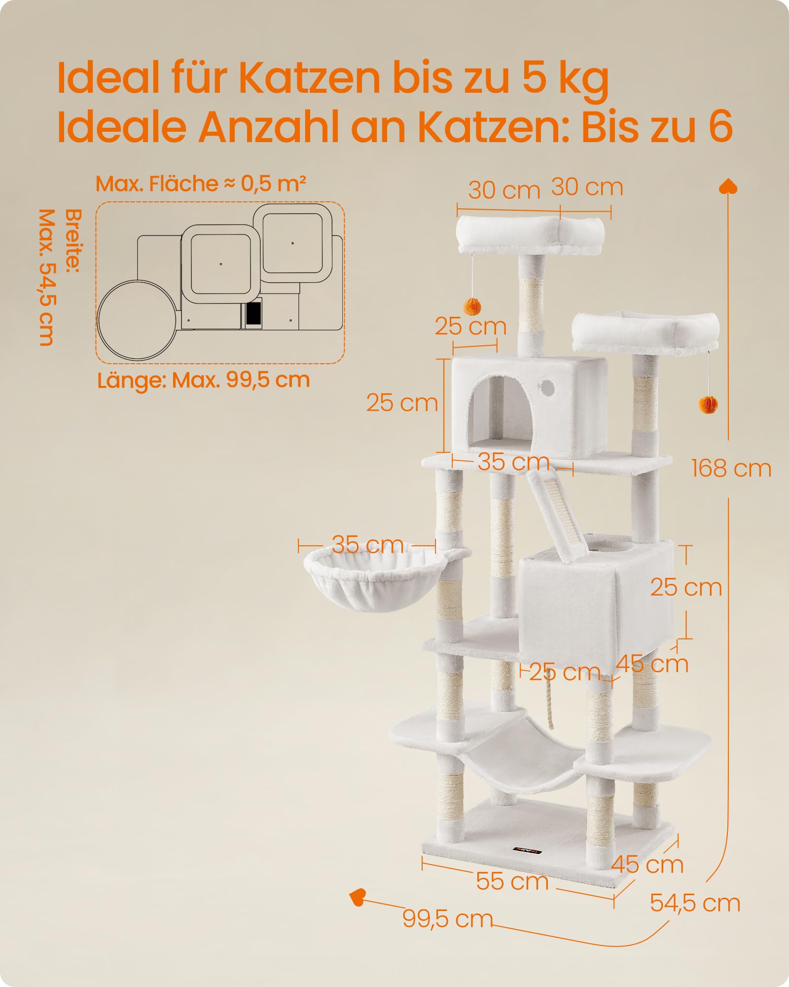 Feandrea Kratzbaum groß, 203,5 cm hoch, XXL Katzenbaum, mit 13 Kratzsäulen, 2 Plattformen, 2 Höhlen, Korb, Hängematte, Plüschbälle, mehrstöckiger Katzenkratzbaum, rauchgrau PCT190G01