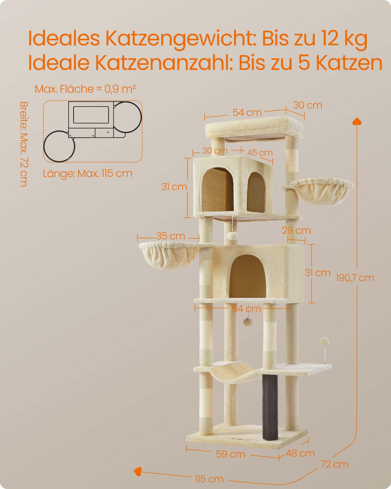 Feandrea Kratzbaum, 175 cm hoch, XL, mehrstöckiger Katzenbaum mit 2 Höhlen, 2 Liegemulden, 5 Kratzsäulen, Katzenbürste, große Plattform, Taubengrau PCT182G01