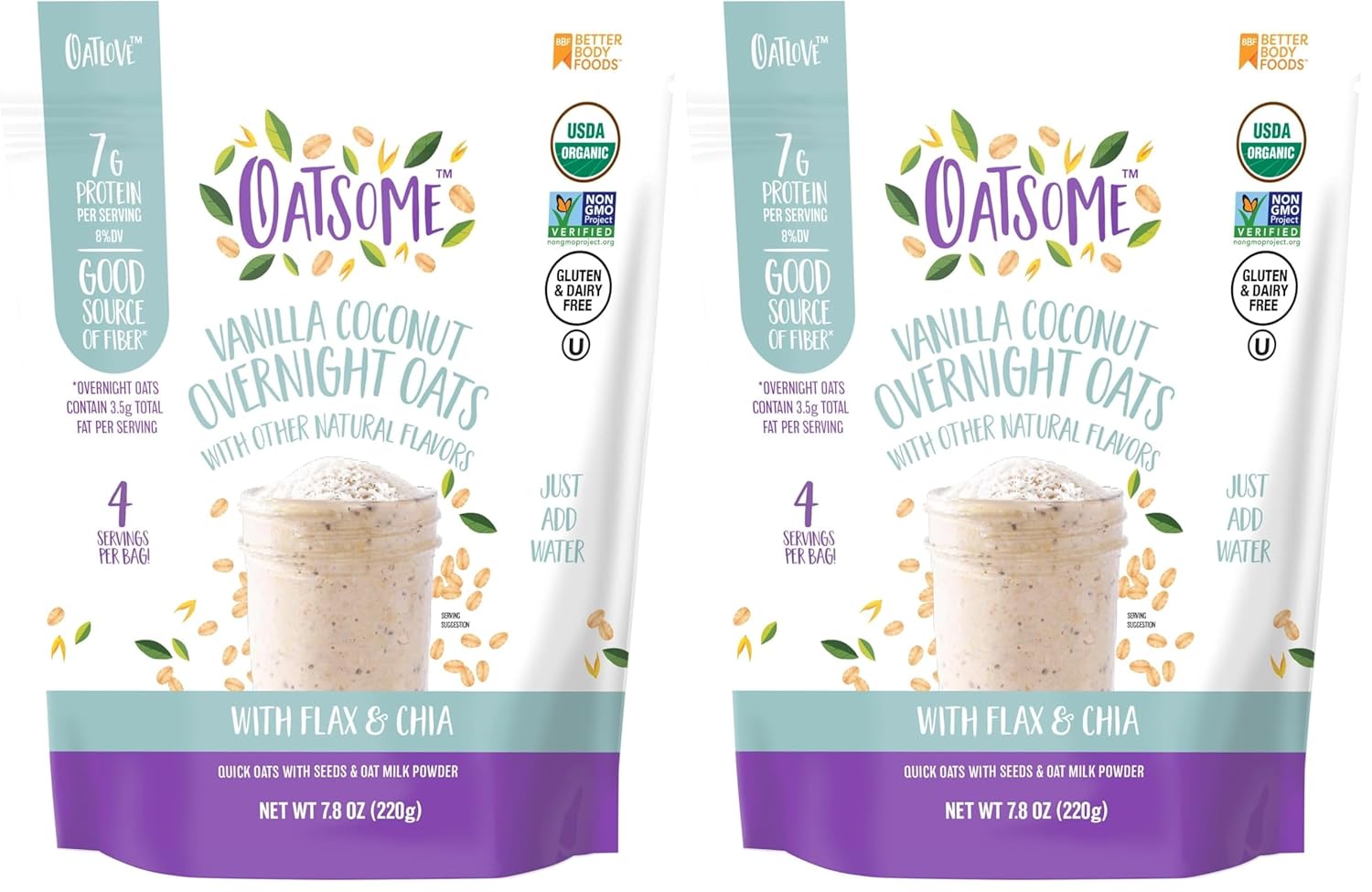 Oatsome Organic Overnight Oats with Chia, Flax, & Hemp, Gluten-Free Oatmeal with 7g of Protein, 2 lb 8 oz (40oz) Bag