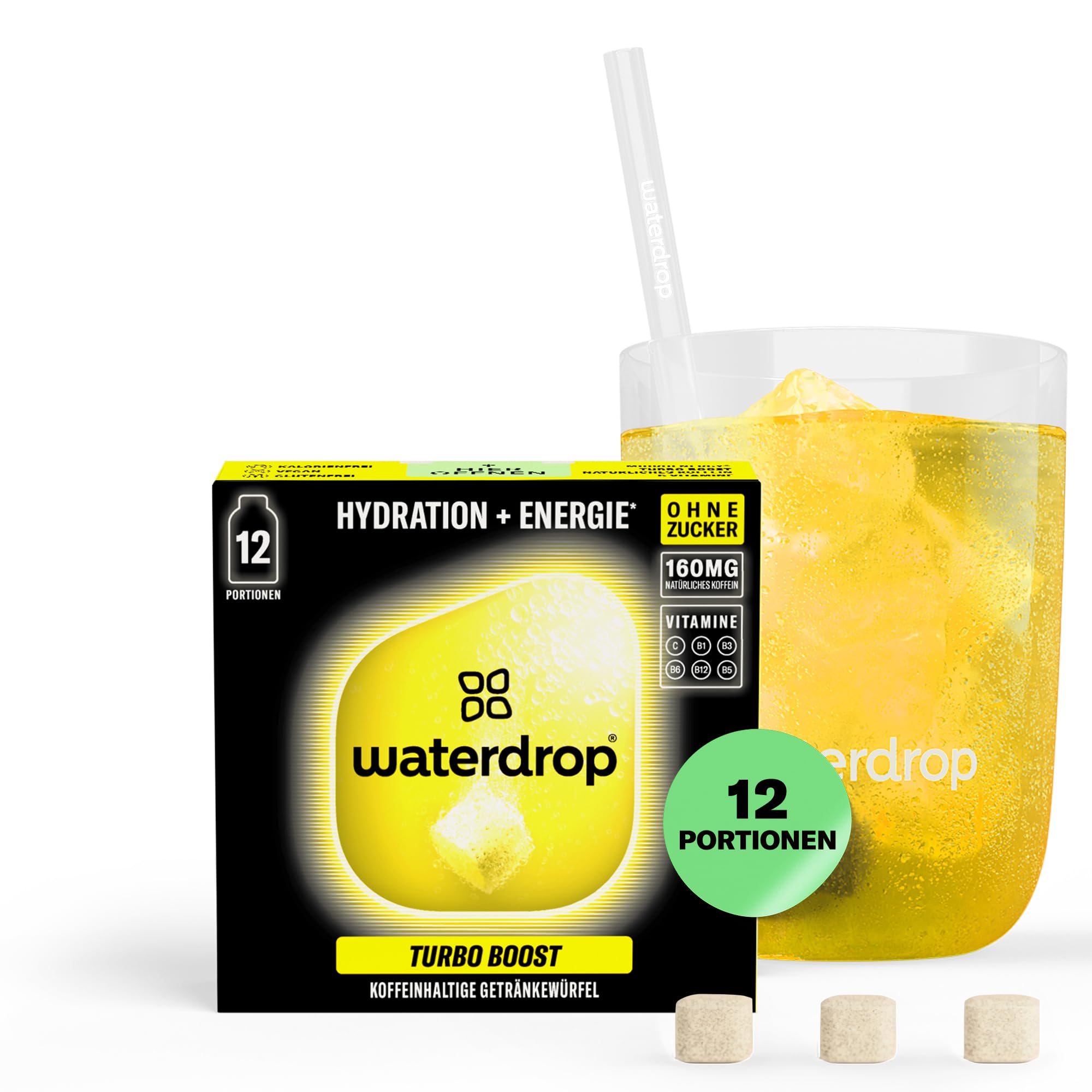 waterdrop® Microenergy Set, Energy Drink Pulver, 36 Würfel Getränkepulver, Mango, Kirsche & Brombeere Geschmack, Zuckerfrei & Kalorienarm, Mit 90 mg Natürlichem Koffein, Vitamin C & B – Flavour Drops