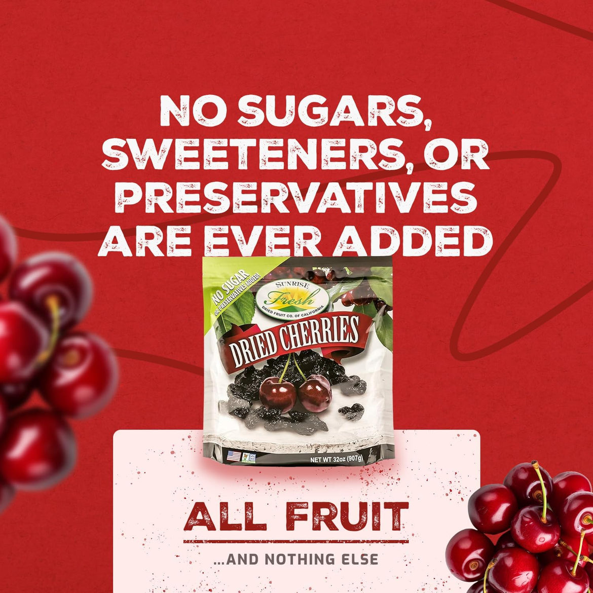 Sunrise Fresh Dried Sweet Cherries, Unsweetened, No Sugar Added, Fresh Fruit Flavor, 1 lb Bag