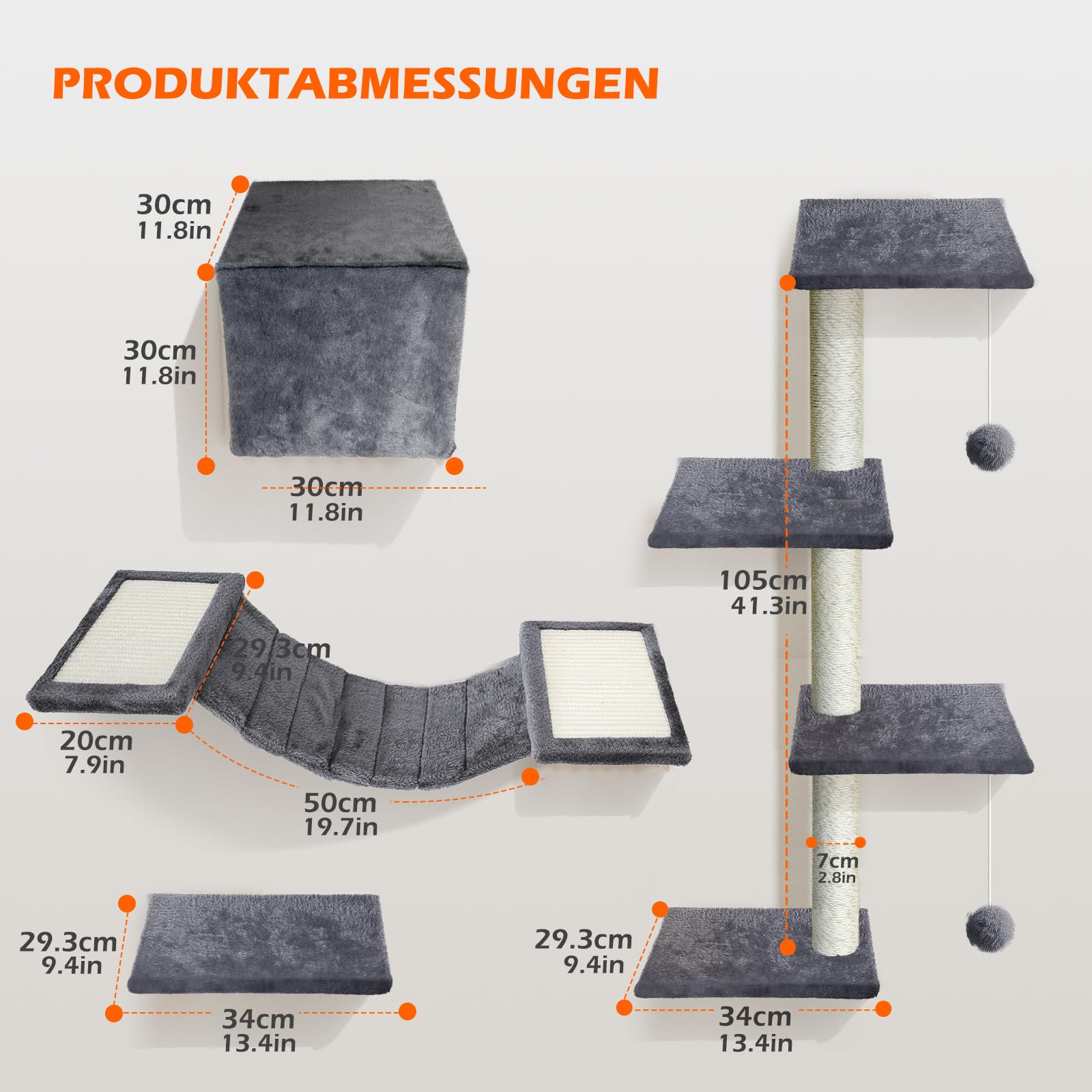 Kletterwand Katzen 10-teilig, Wandmontage Katzenmöbel Set mit Katzenbrücke, Katzenhaus, Kratzbaum & Hängematte, Stabiler Katzentreppe bis 10 kg, Beige