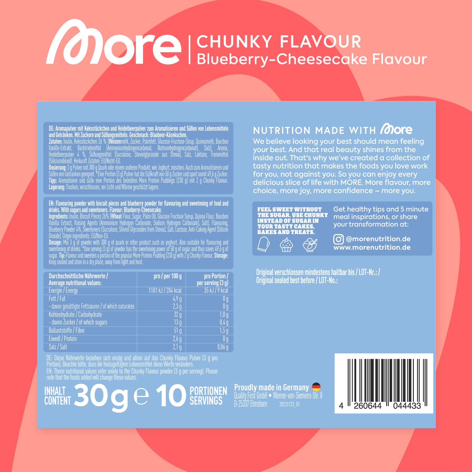 MORE Chunky Flavour, Vanilla Perfection, 150 g, vegan, Geschmackspulver zum Süßen, ohne viel Zucker und Kalorien, mit Inulin und Laktase - made in Germany