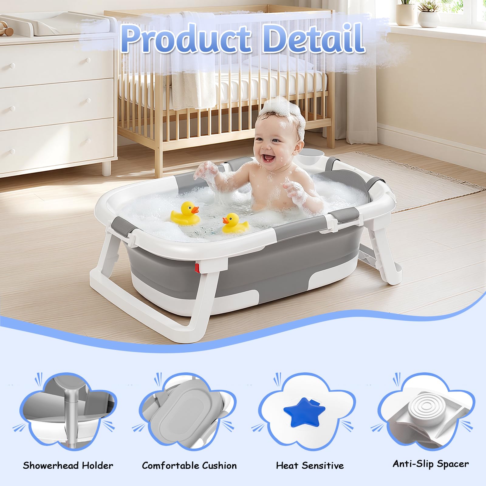 Baby Badewanne Faltbare, Baby Bathtub Babywanne Faltbar Babybadewanne Tragbare Wanne für Neugeborene Kleinkinder mit Rutschfester Matte und Abflussloch (Kein Thermometer) (Grau)