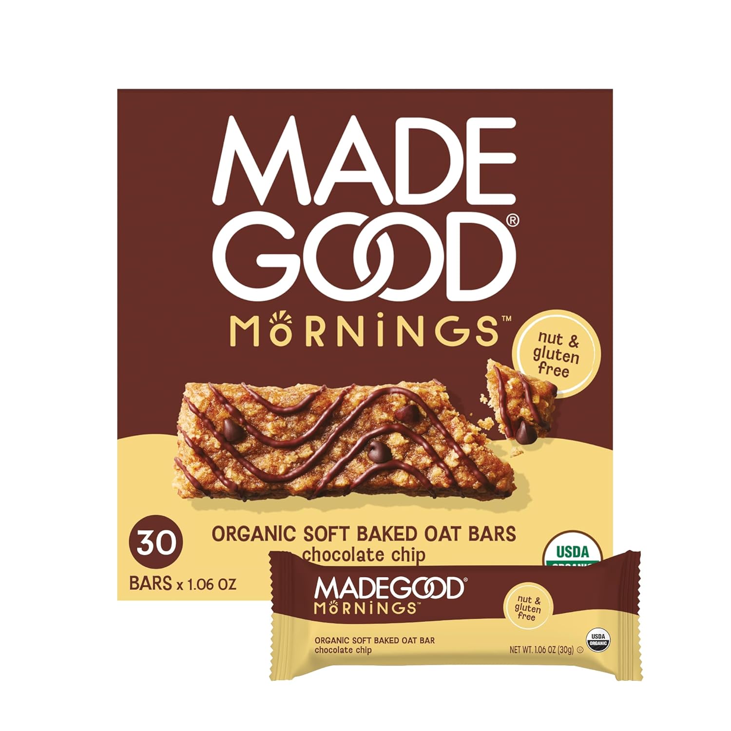 MadeGood Mornings Soft Baked Breakfast Bars, Blueberry, 1.06 Oz (30 Count) Gluten Free Snacks