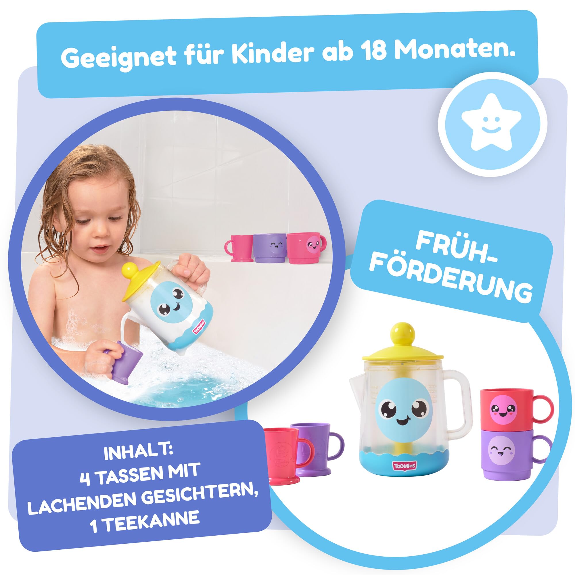 Tomy Toomies Bade-Barista, Wandmontiertes Baby-Badespielzeug als Café & Schaumbad-Spielküche für Kleinkinder - Küchen-Set: 3 Tassen, 1 Krug, 1 Shaker – ab 18 Monaten für Mädchen & Jungen