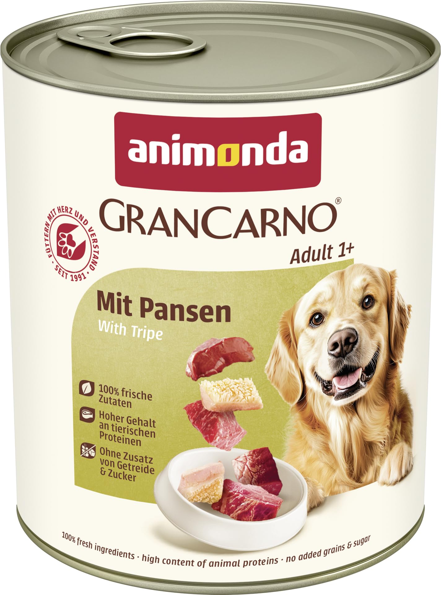 animonda GranCarno Hunde Nassfutter mit Rind + Entenherzen (6 x 800 g), getreidefreies Hundenassfutter ohne Zucker, für ausgewachsene Hunde, mit frischen fleischigen Zutaten