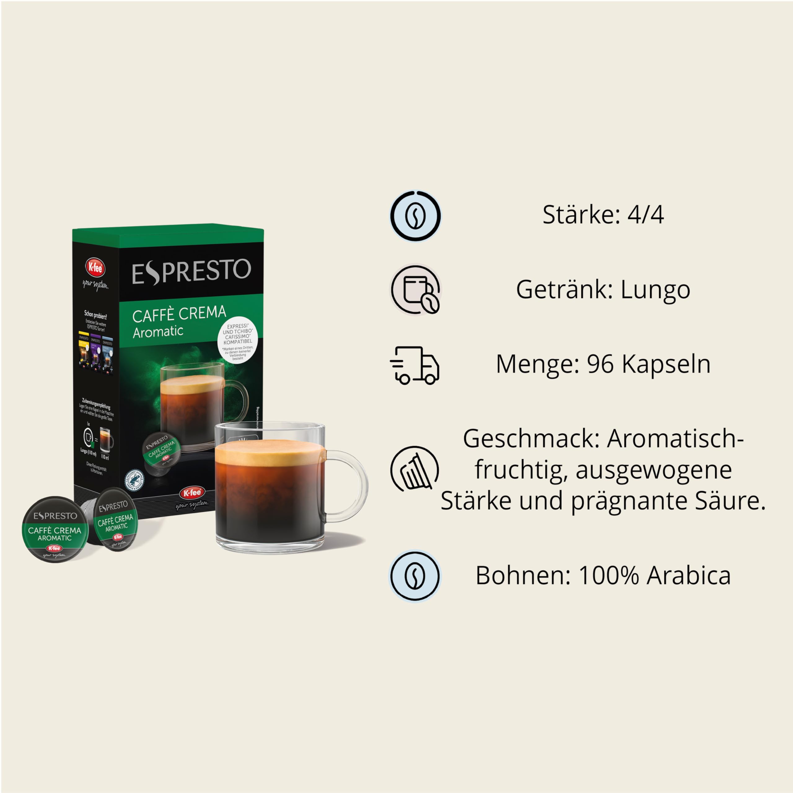 ESPRESTO Caffè Crema Classic, kompatibel mit K-fee & Aldi EXPRESSI*, RFA zertifiziert, 96 Kaffeekapseln
