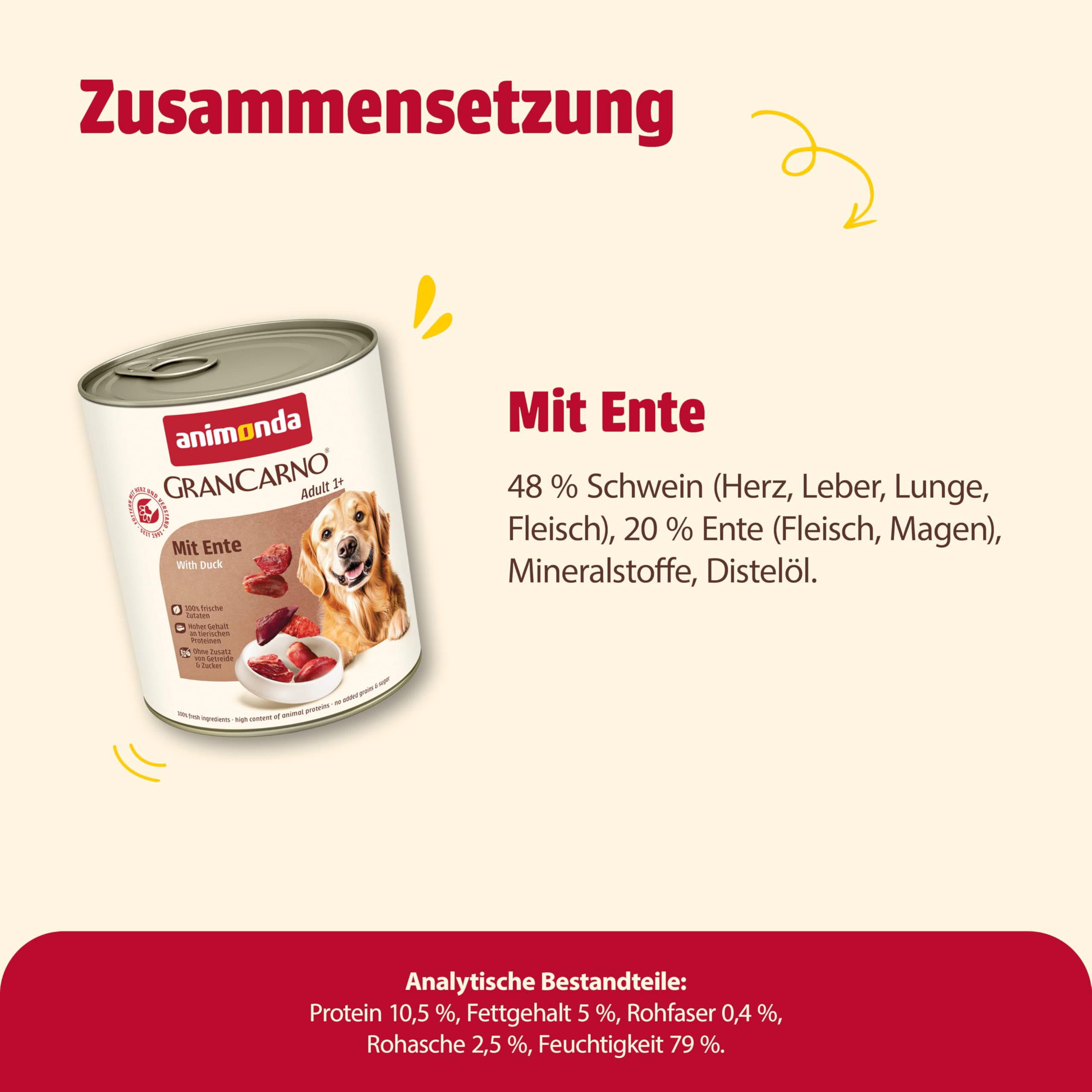 animonda GranCarno Hunde Nassfutter mit Rind + Entenherzen (6 x 800 g), getreidefreies Hundenassfutter ohne Zucker, für ausgewachsene Hunde, mit frischen fleischigen Zutaten