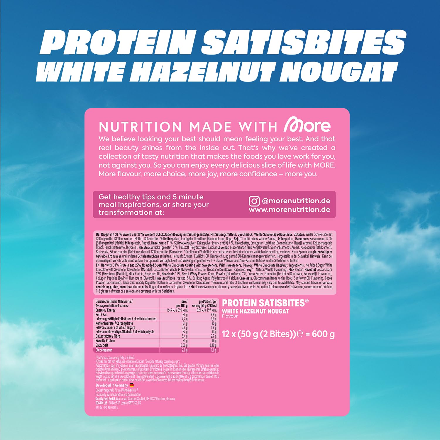 MORE Protein Satisbites, 12er Box Proteinriegel, 12 x 2 x 25 g, White Chocolate Strawberry Cream, bis zu 16 g Protein pro Portion, ohne Zuckerzusatz, made in Germany