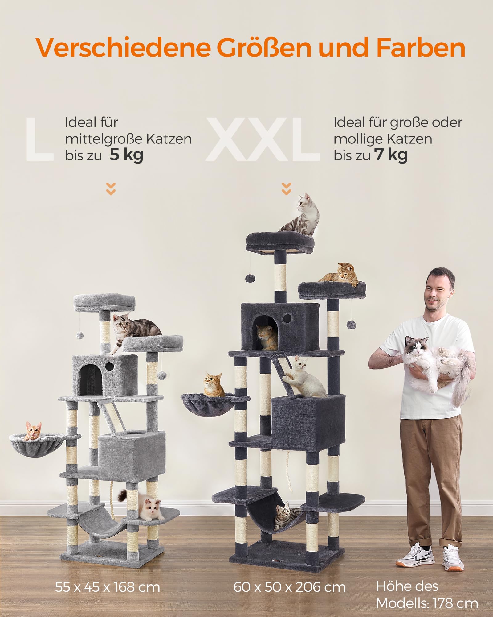 Feandrea Kratzbaum groß, 203,5 cm hoch, XXL Katzenbaum, mit 13 Kratzsäulen, 2 Plattformen, 2 Höhlen, Korb, Hängematte, Plüschbälle, mehrstöckiger Katzenkratzbaum, rauchgrau PCT190G01
